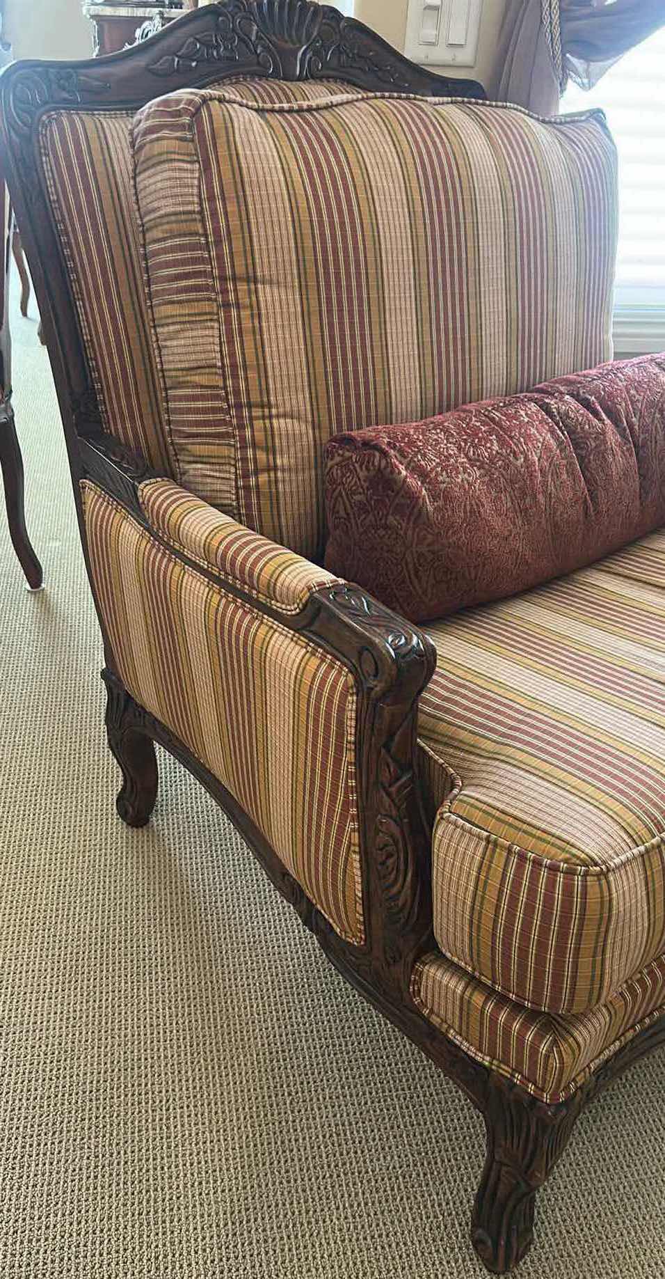 Photo 1 of ETHAN ALLEN FRENCH STYLE BERGERE ARMCHAIR W CARVED WOOD FRAME & STRIPED FABRIC UPHOLSTERY  38" X 35" H 45" (SEE NOTES)