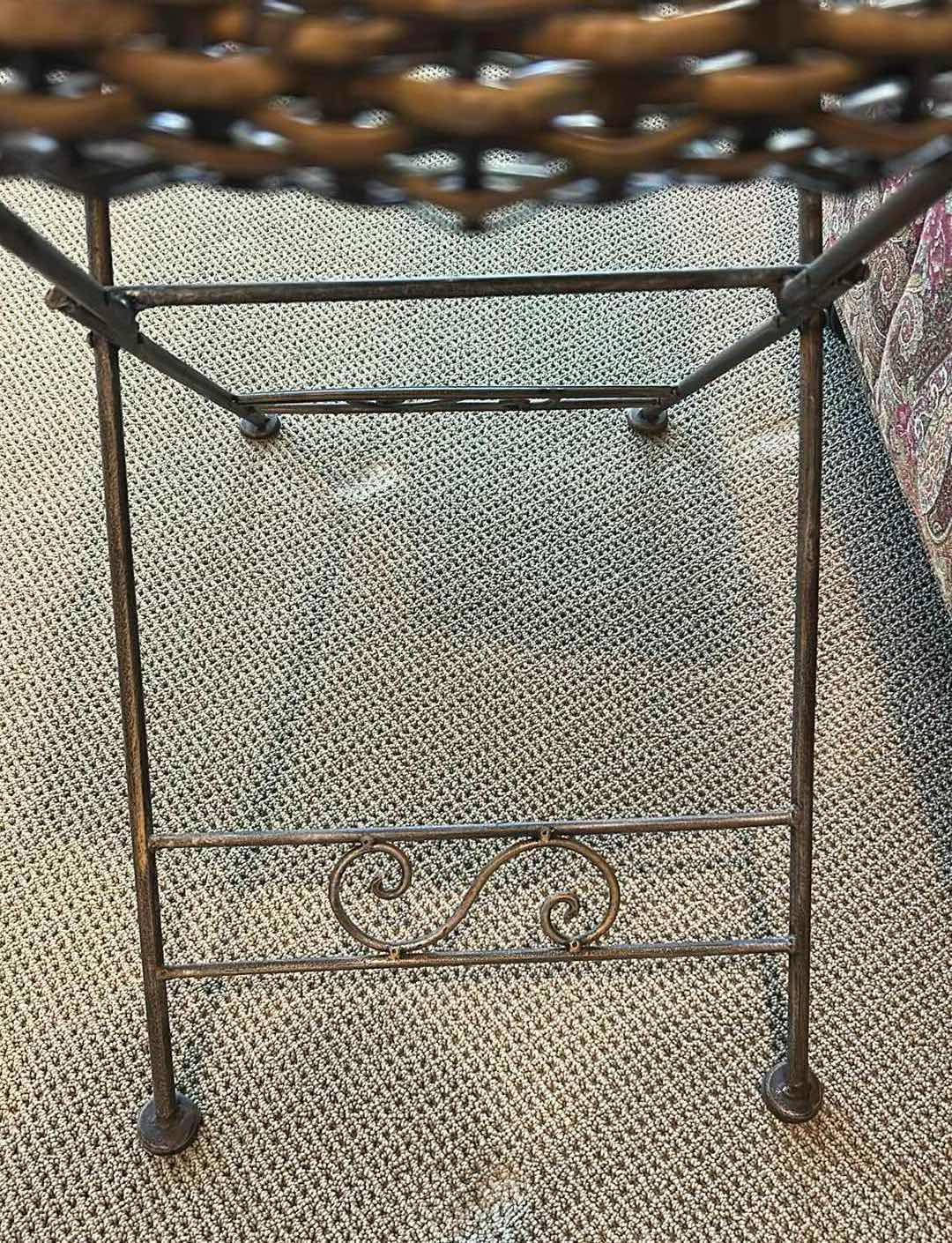 Photo 1 of ANTIQUE BUTLER TABLE W WOVEN RATTAN BASKET & ORNATE WROUGHT IRON SUPPORT 26" X 16" H 28"