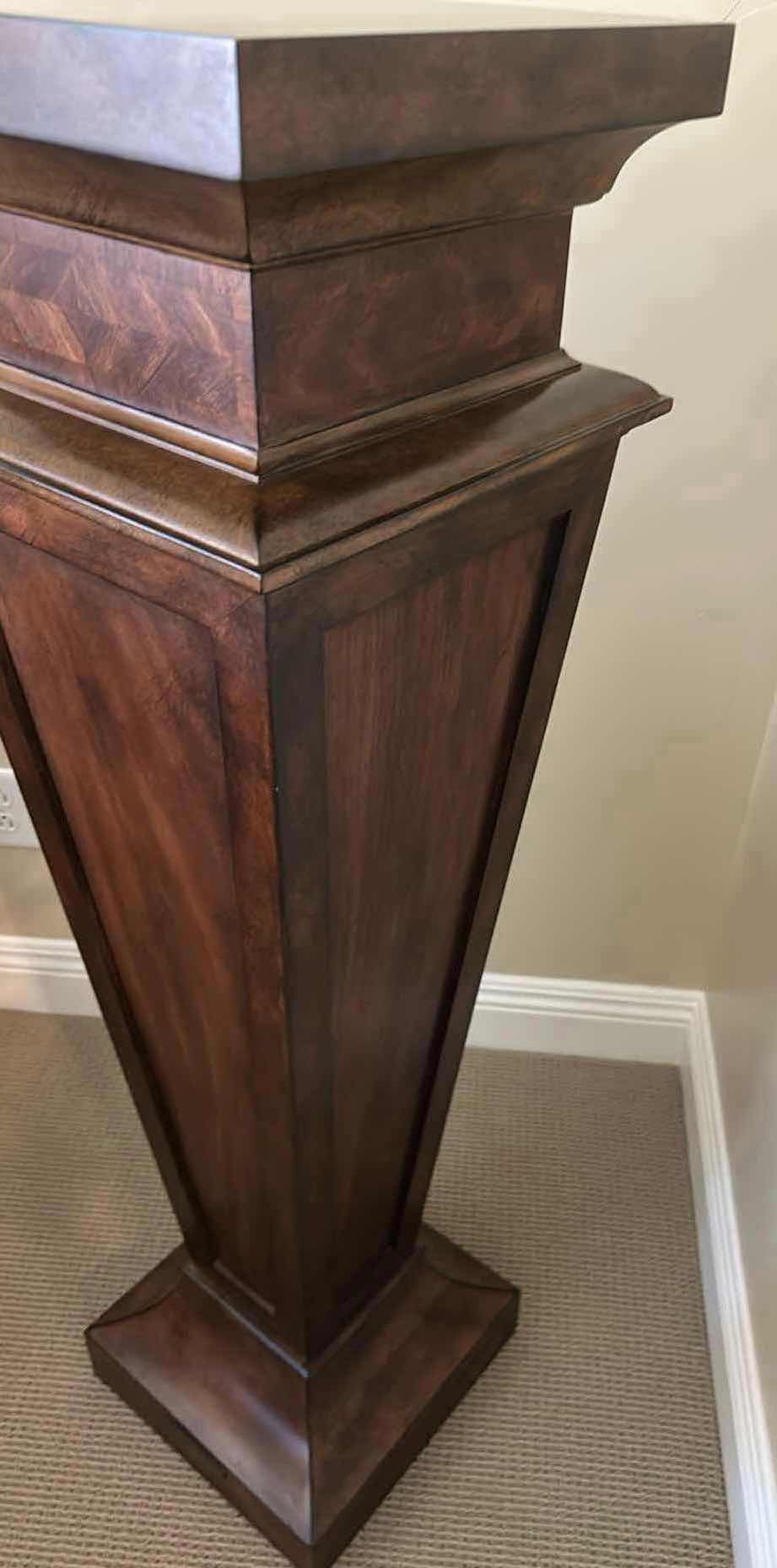 Photo 1 of ETHAN ALLEN NEOCLASSICAL TALL PEDESTAL TABLE W RICH WOOD TONE FINISH 14" X 14" H 48" (SEE NOTES)