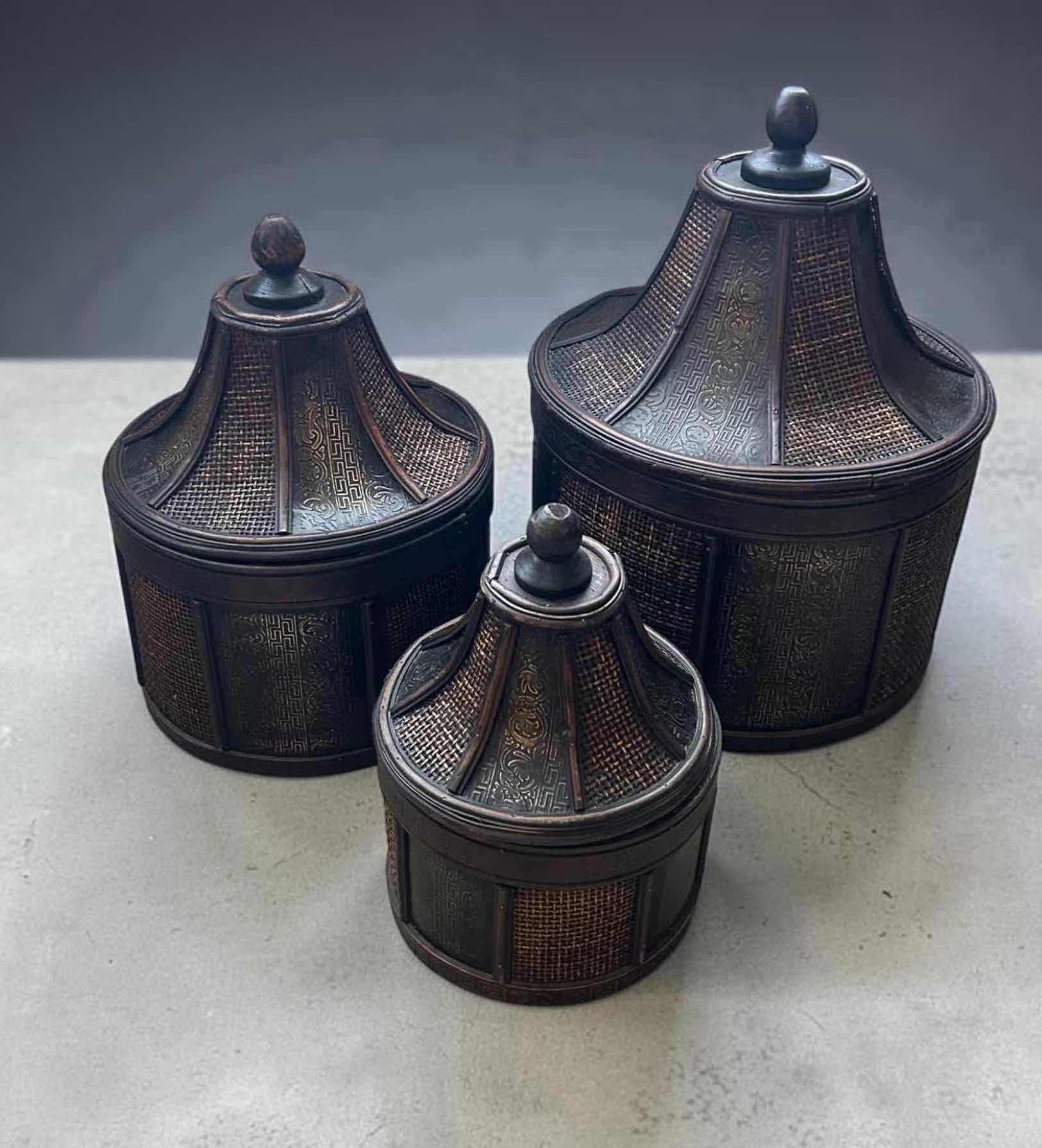 Photo 1 of 3- DARK BROWN DECORATIVE PAGODAS STORAGE BOXES W INTRICATE TEXTURE DESIGN H 15" X 19" 17" 23"