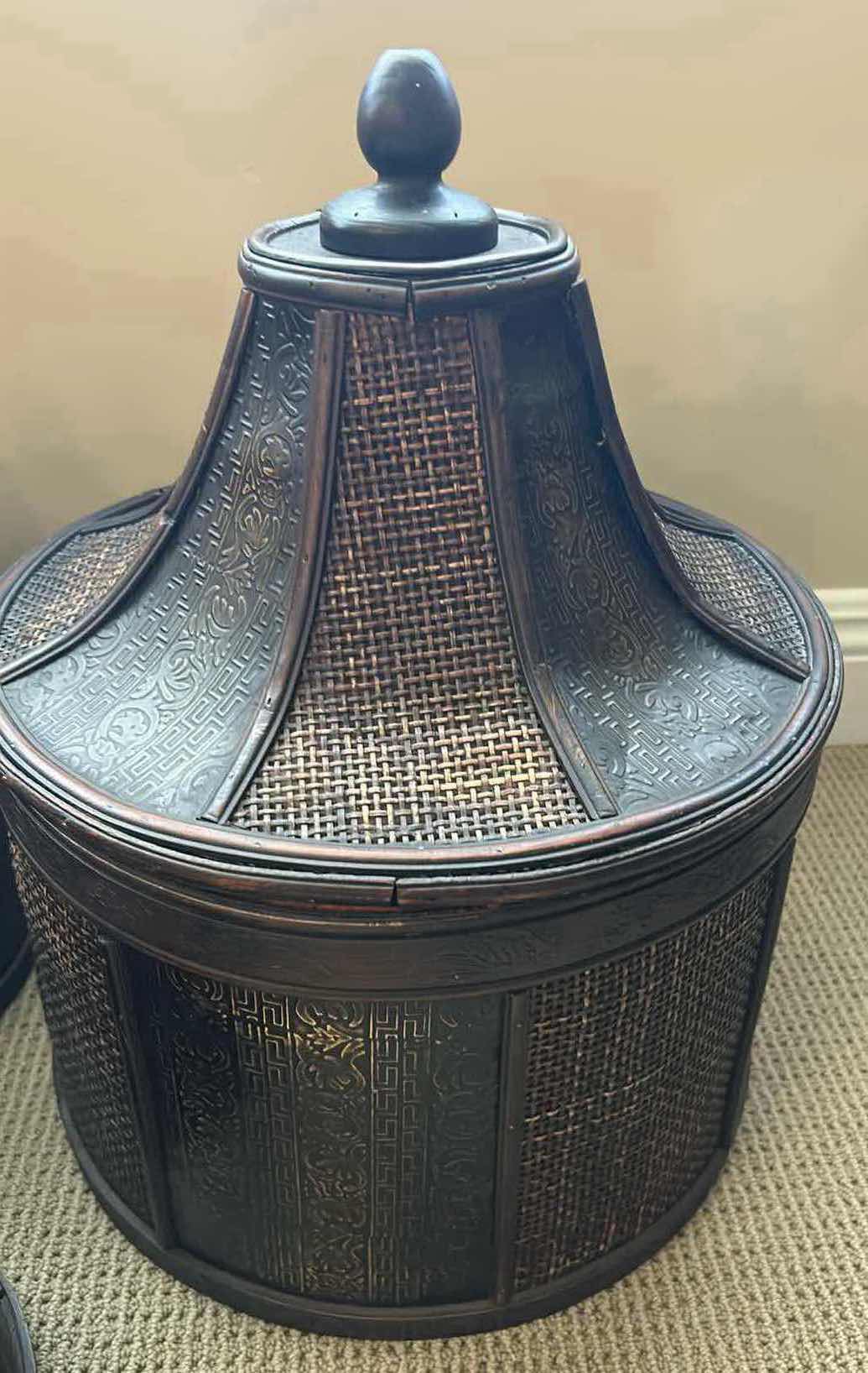 Photo 1 of 3- DARK BROWN DECORATIVE PAGODAS STORAGE BOXES W INTRICATE TEXTURE DESIGN H 15" X 19" 17" 23"