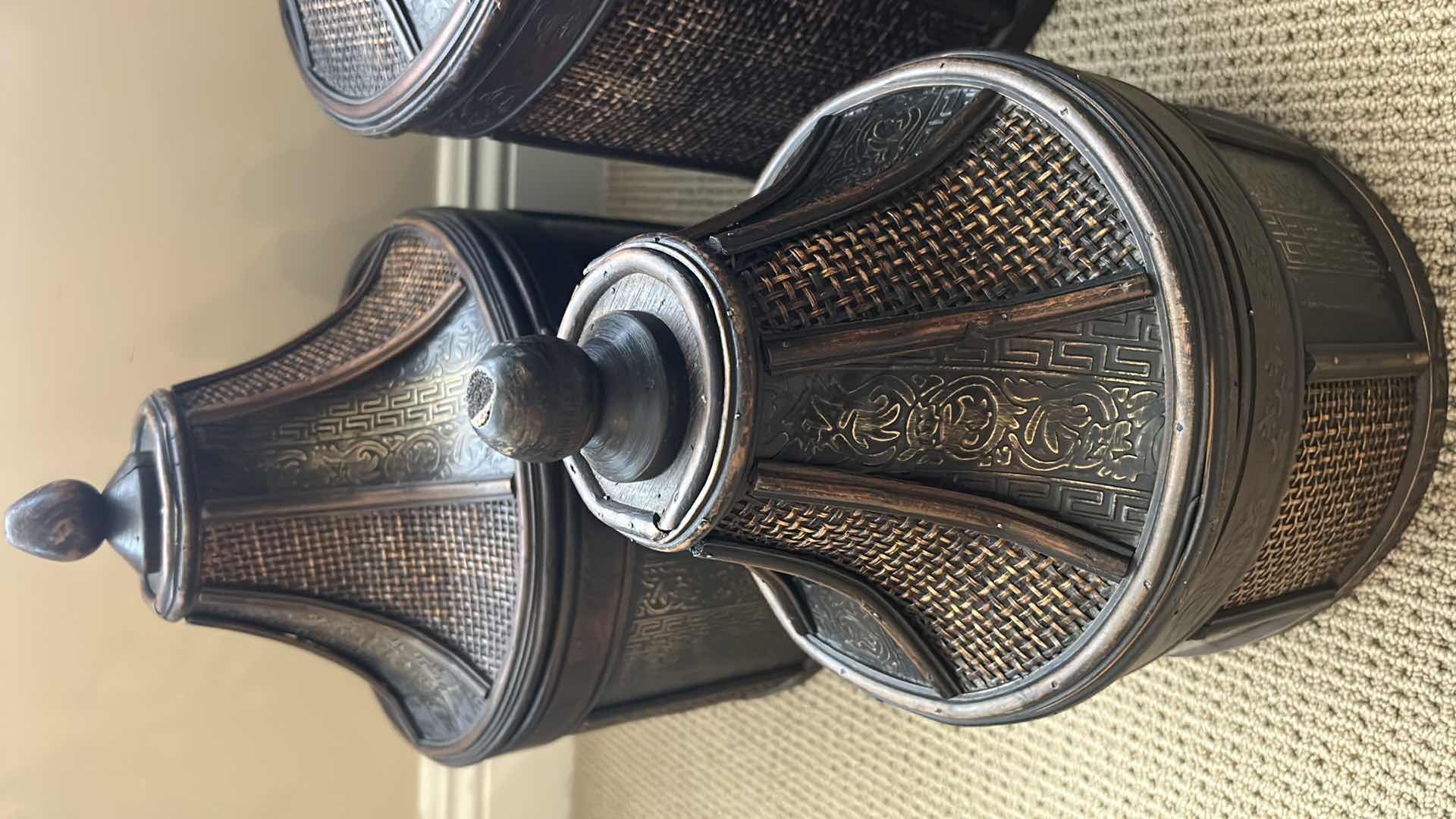 Photo 1 of 3- DARK BROWN DECORATIVE PAGODAS STORAGE BOXES W INTRICATE TEXTURE DESIGN H 15" X 19" 17" 23"