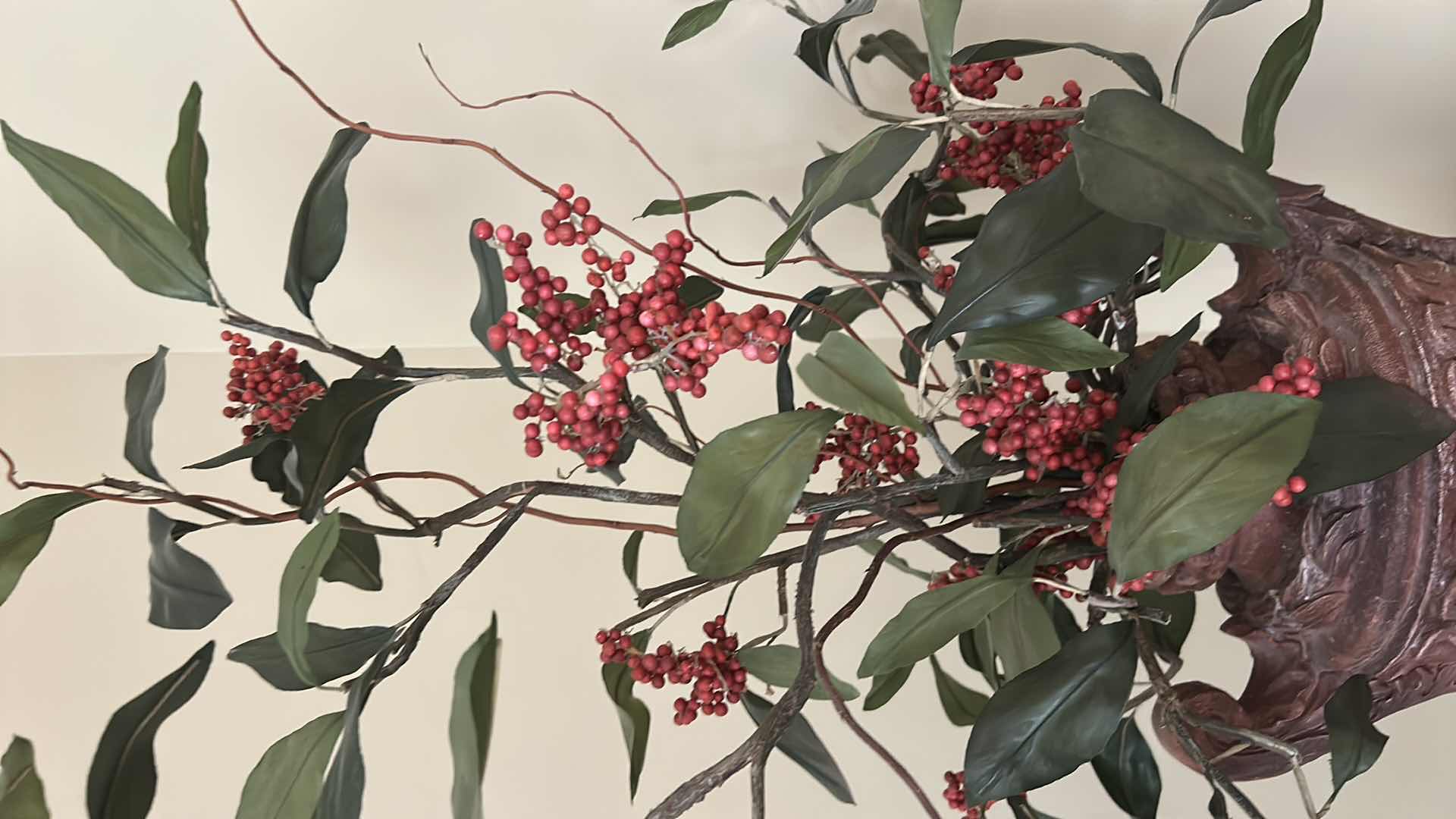 Photo 1 of ARTIFICIAL BURGUNDY BERRY ARRANGEMENT IN RUSTIC WEATHERED BROWN URN H  40"