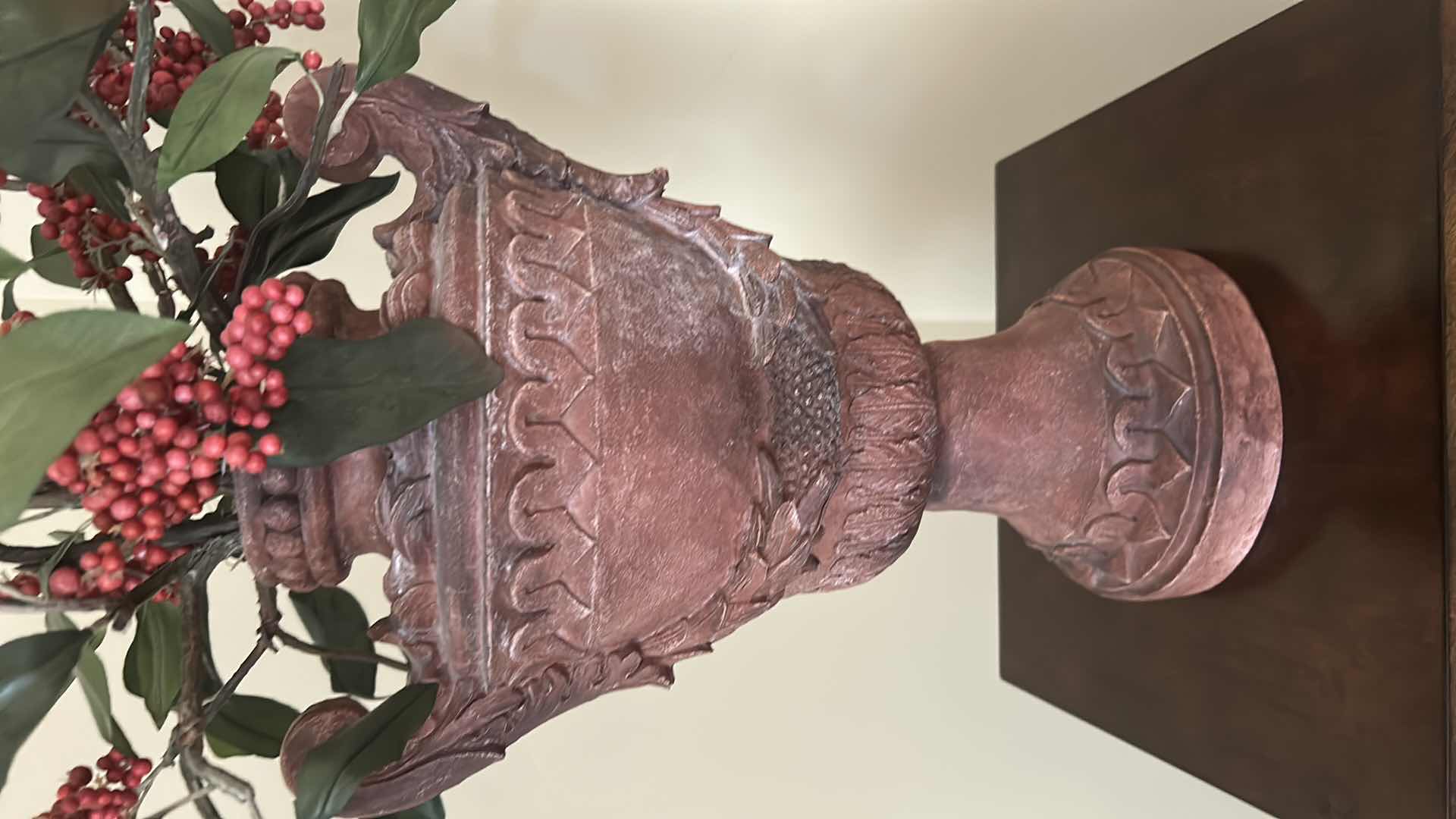 Photo 1 of ARTIFICIAL BURGUNDY BERRY ARRANGEMENT IN RUSTIC WEATHERED BROWN URN H  40"