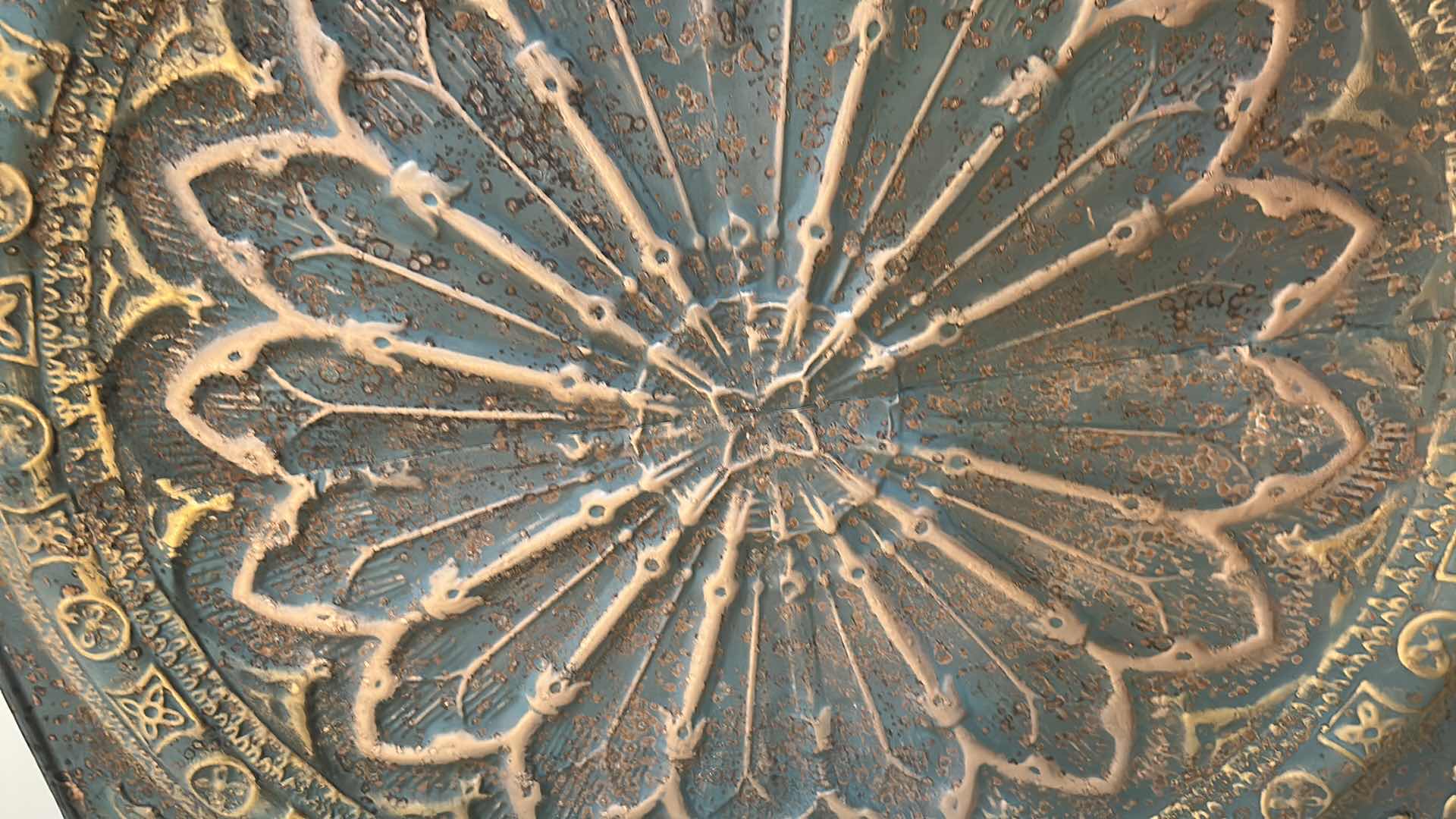 Photo 1 of METAL WALL PLAQUE W DISTRESSED GOLD & GREEN EMBOSSED FLORAL MEDALLION DESIGN 48" X 48"