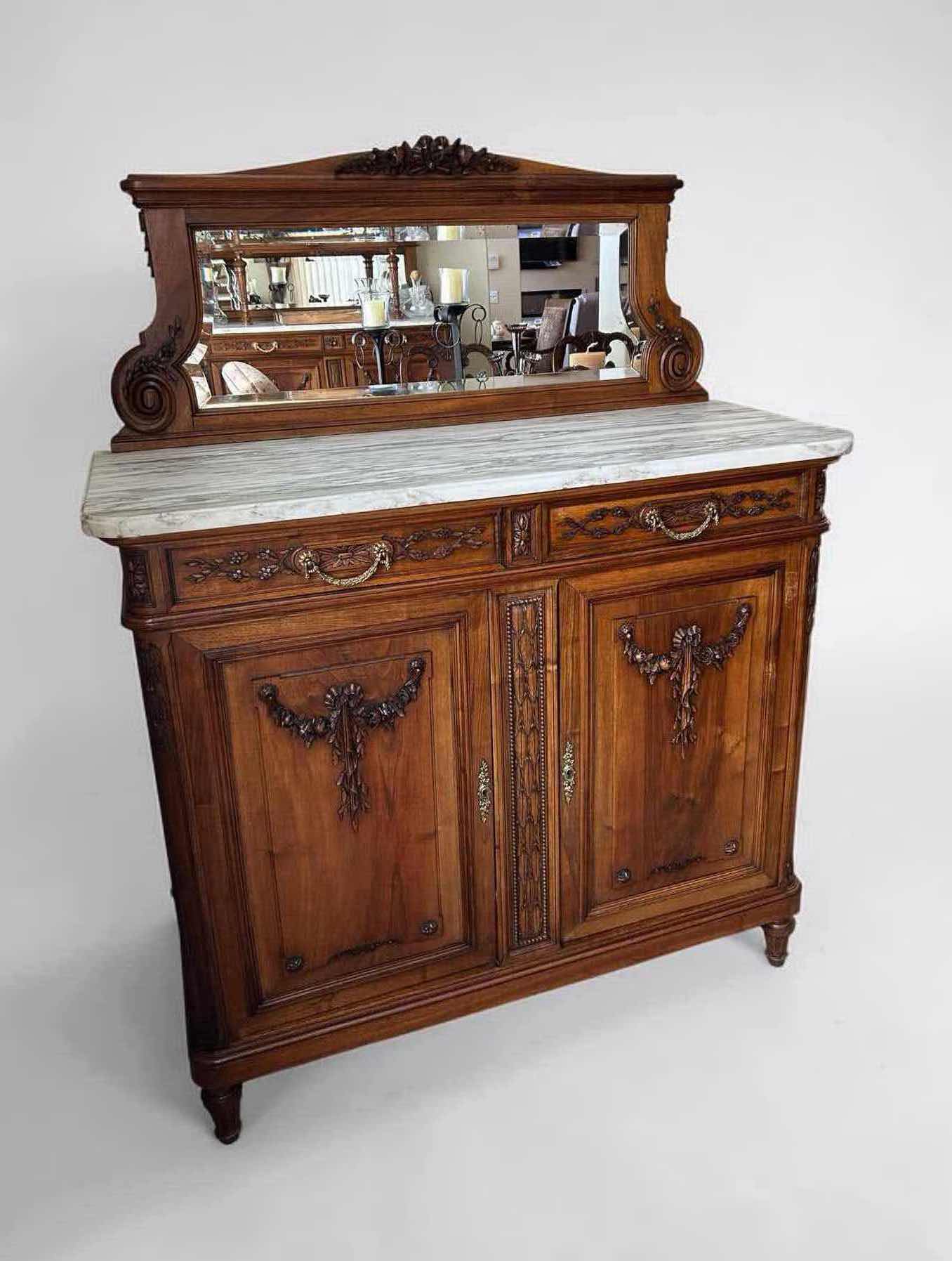 Photo 1 of ANTIQUE FRENCH SIDEBOARD W MARBLE TOP MIRRORED BACKSPLASH 47" X 19" H 44" (SEE NOTES)