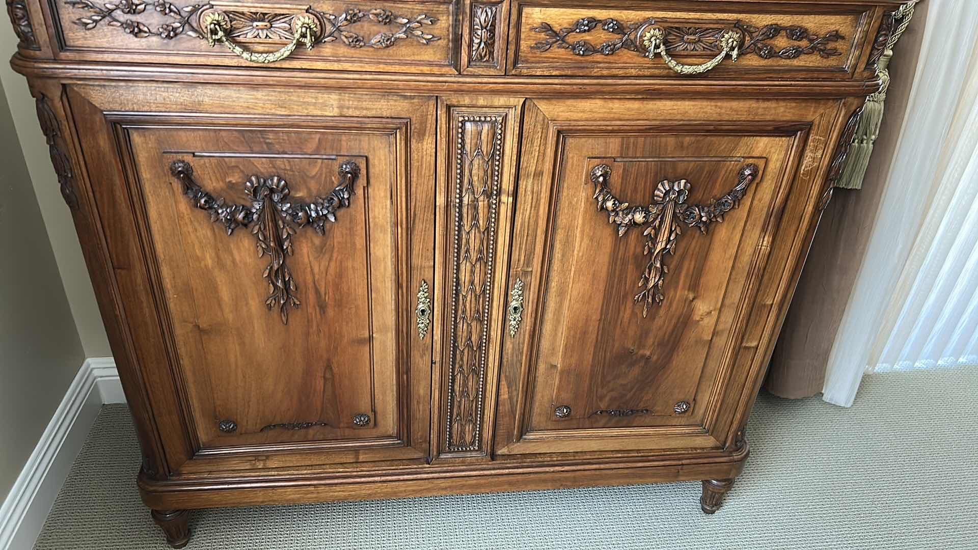 Photo 1 of ANTIQUE FRENCH SIDEBOARD W MARBLE TOP MIRRORED BACKSPLASH 47" X 19" H 44" (SEE NOTES)