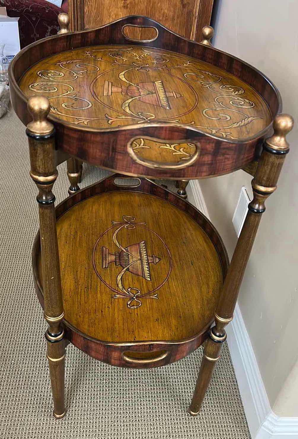 Photo 1 of BUTLER KATHLEEN TEA SERVER W TWO OVAL TIERS OLIVE ASH BURL VANEER 27" X 20 H 31"