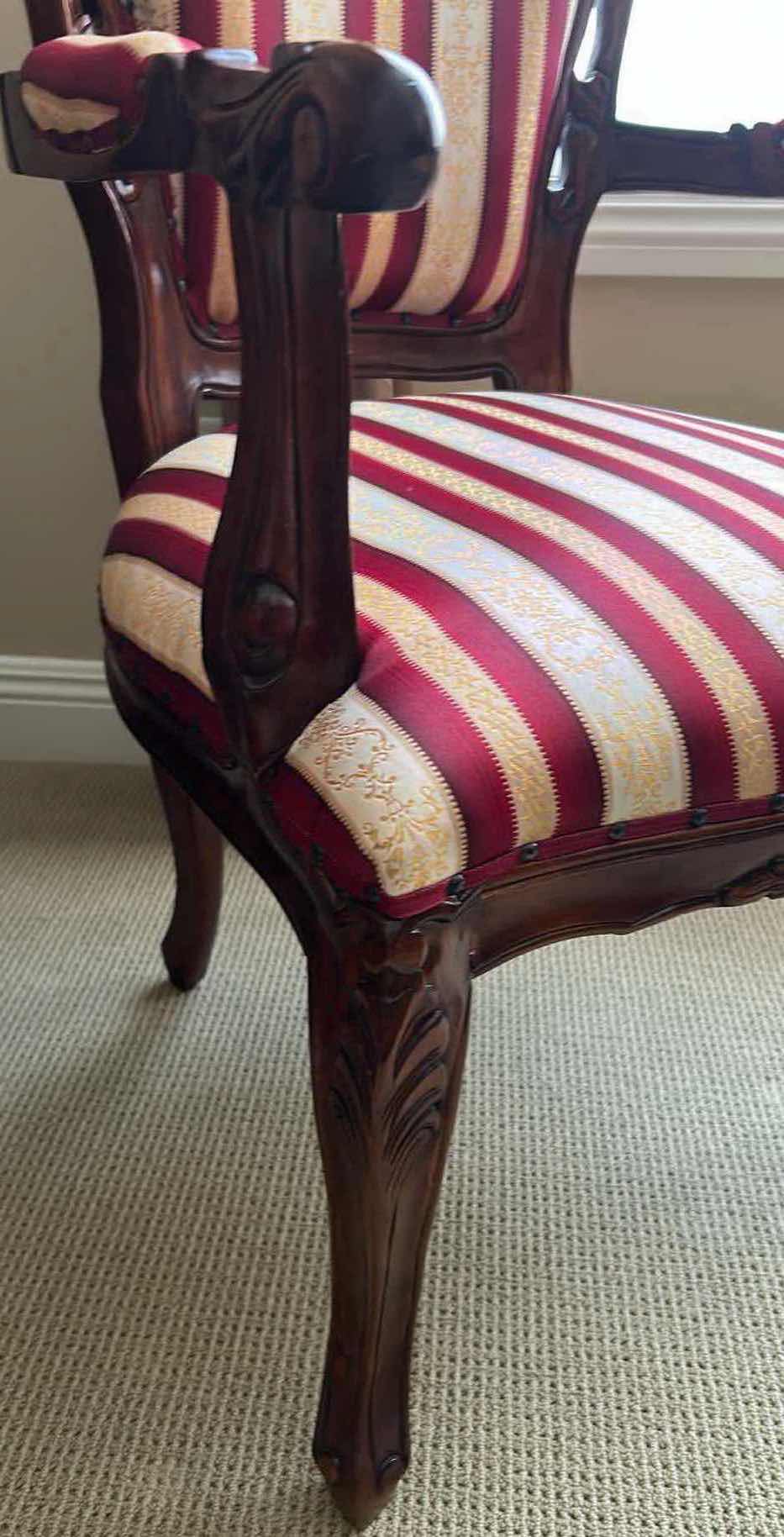 Photo 1 of MAHOGANY VICTORIAN STYLE PARLOR CHAIR W ORNATE CARVINGS & RED WHITE STRIPED UPHOLSTERY 20" X 48"