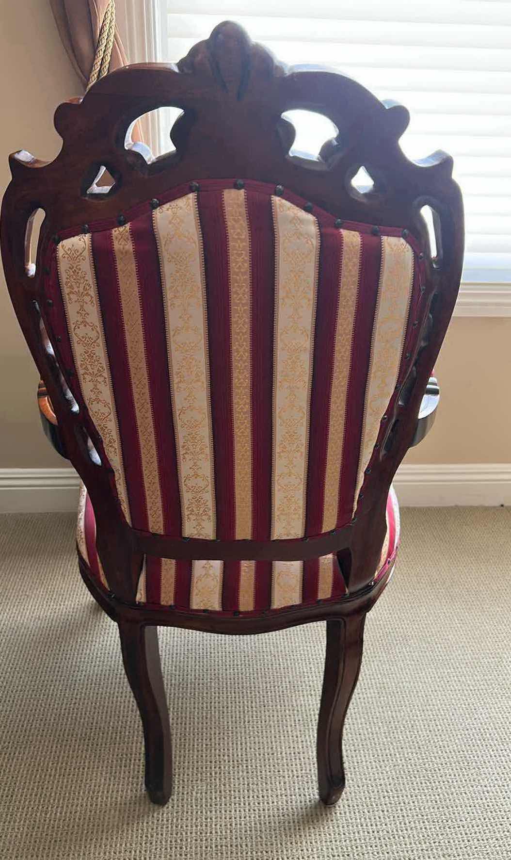 Photo 1 of MAHOGANY VICTORIAN STYLE PARLOR CHAIR W ORNATE CARVINGS & RED WHITE STRIPED UPHOLSTERY 20" X 48"