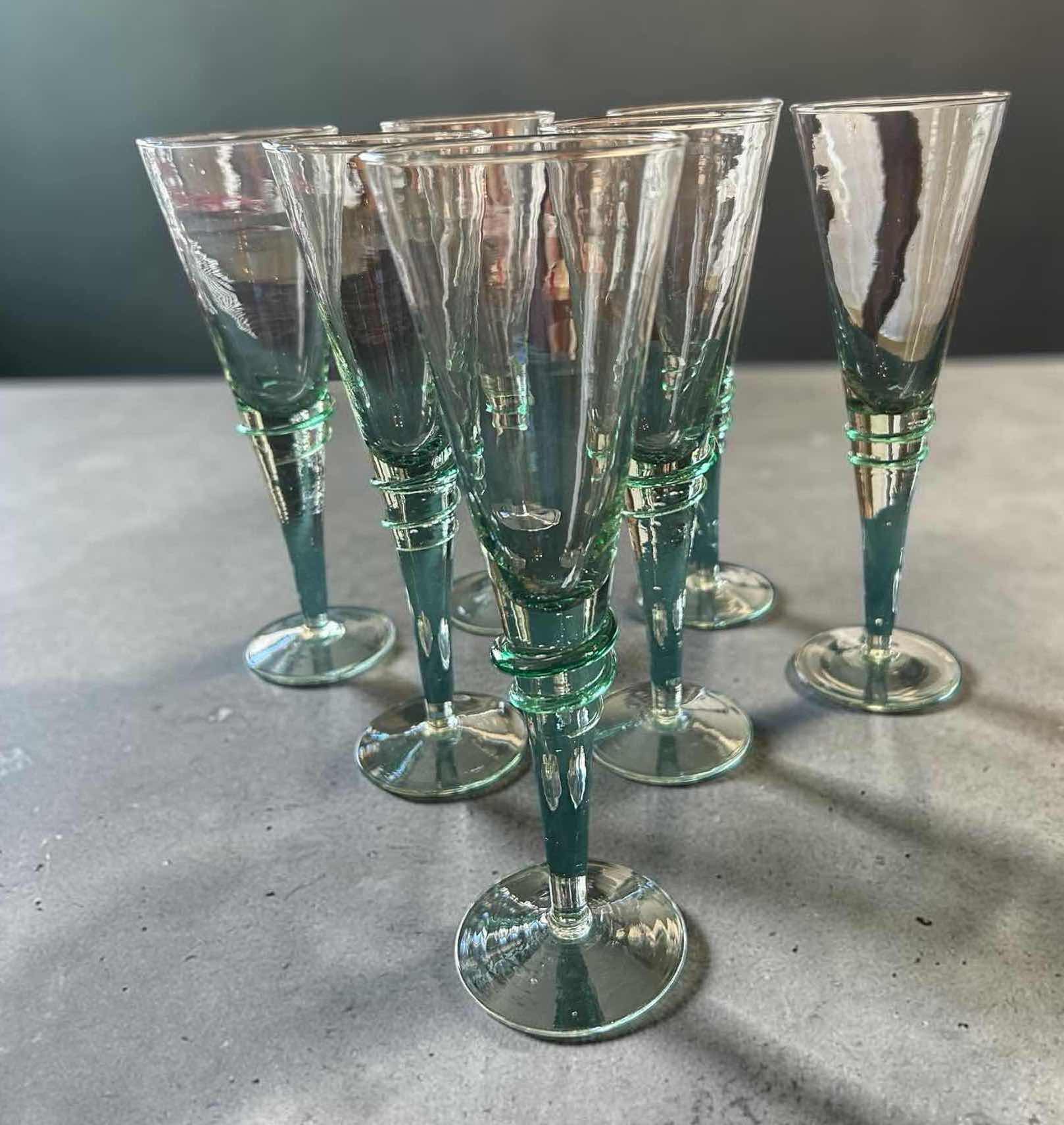 Photo 1 of 7- VINTAGE CHAMPAGNE FLUTES W GREEN SWIRL GLASS STEM CLEAR BOWL H 9"