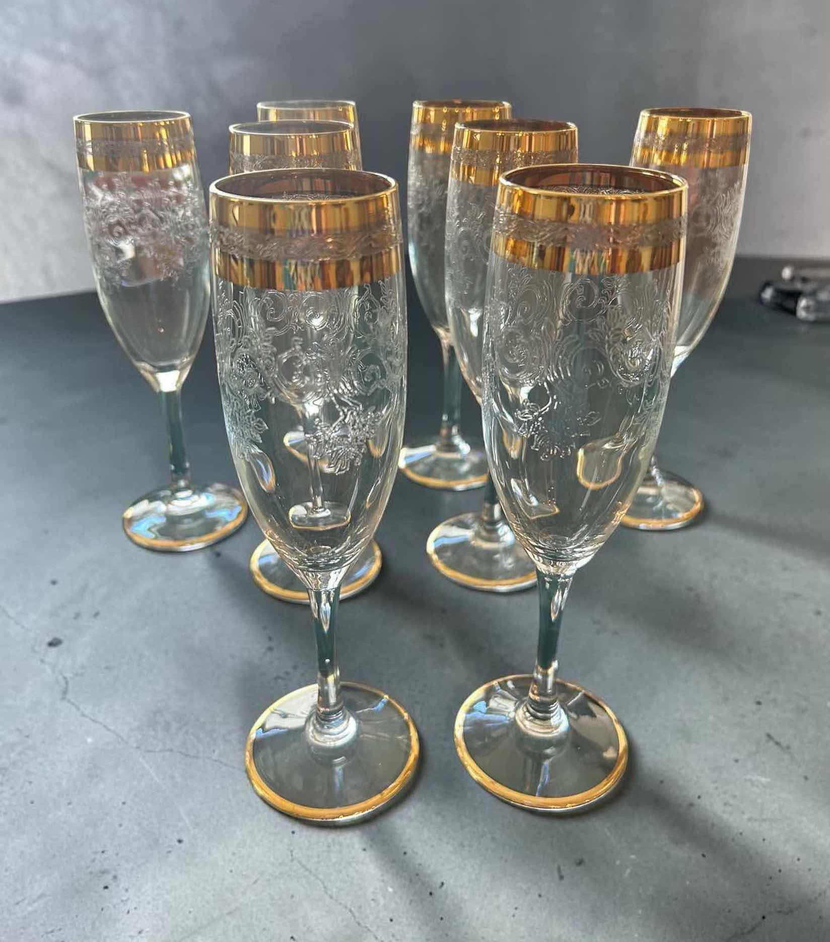 Photo 1 of 8- 24 KARAT GOLD GILT VINTAGE CRYSTAL FLUTES H 8"