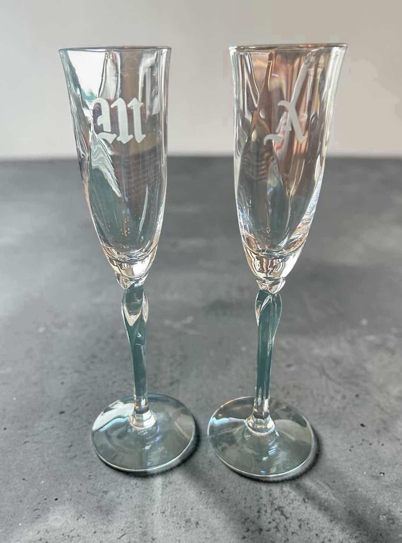 Photo 1 of 2- LENOX RHYTHM PLATINUM RIM FLUTES W TWISTED STEM DESIGN  INITIAL M&A H 9"