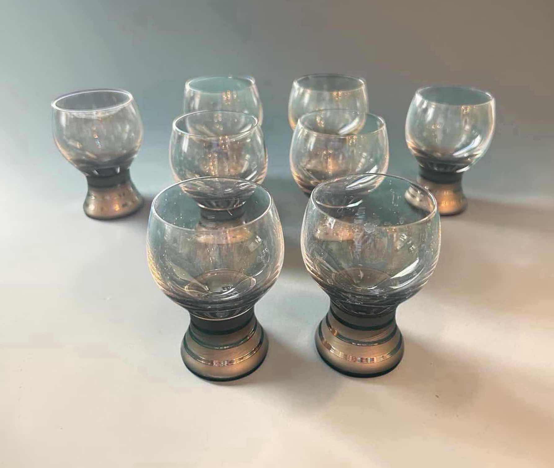 Photo 1 of 8- VINTAGE LIBBEY STAX SMOKE GREY CORDIALS W SILVER SEIRL BASE
