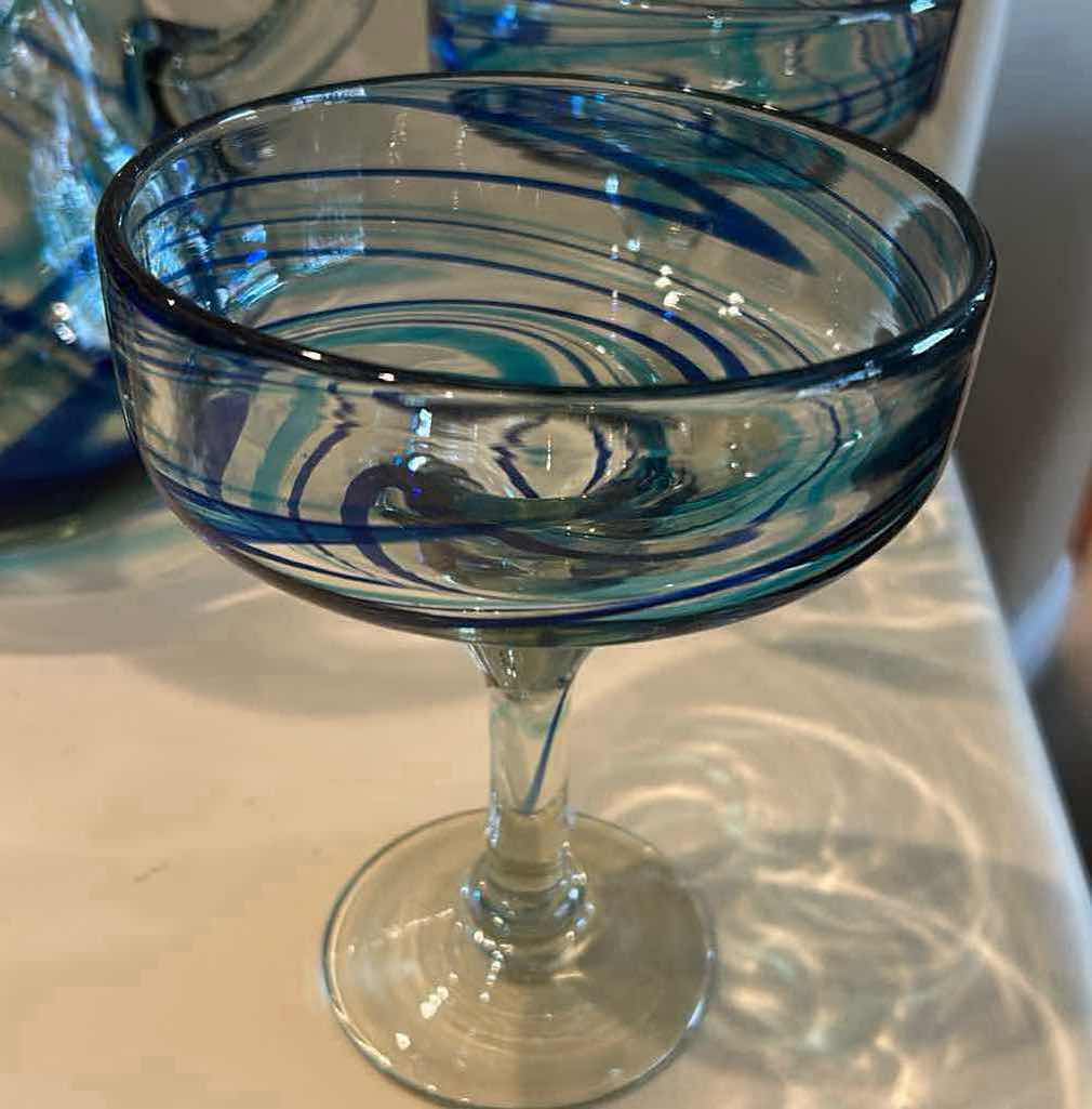 Photo 1 of DOS SUENOS MEXICAN HAND BLOWN AQUA BLUE SWIRL SET W MATCHING PITCHER & 4 GLASSES