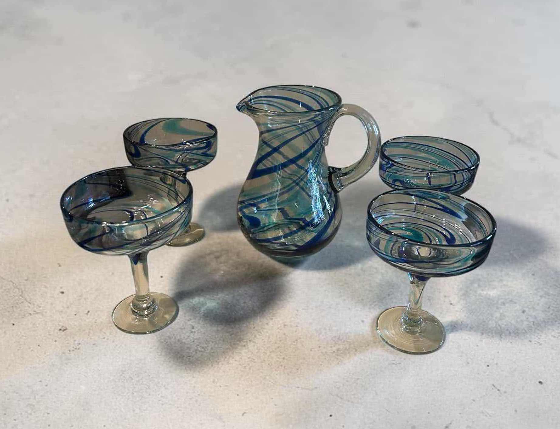 Photo 1 of DOS SUENOS MEXICAN HAND BLOWN AQUA BLUE SWIRL SET W MATCHING PITCHER & 4 GLASSES