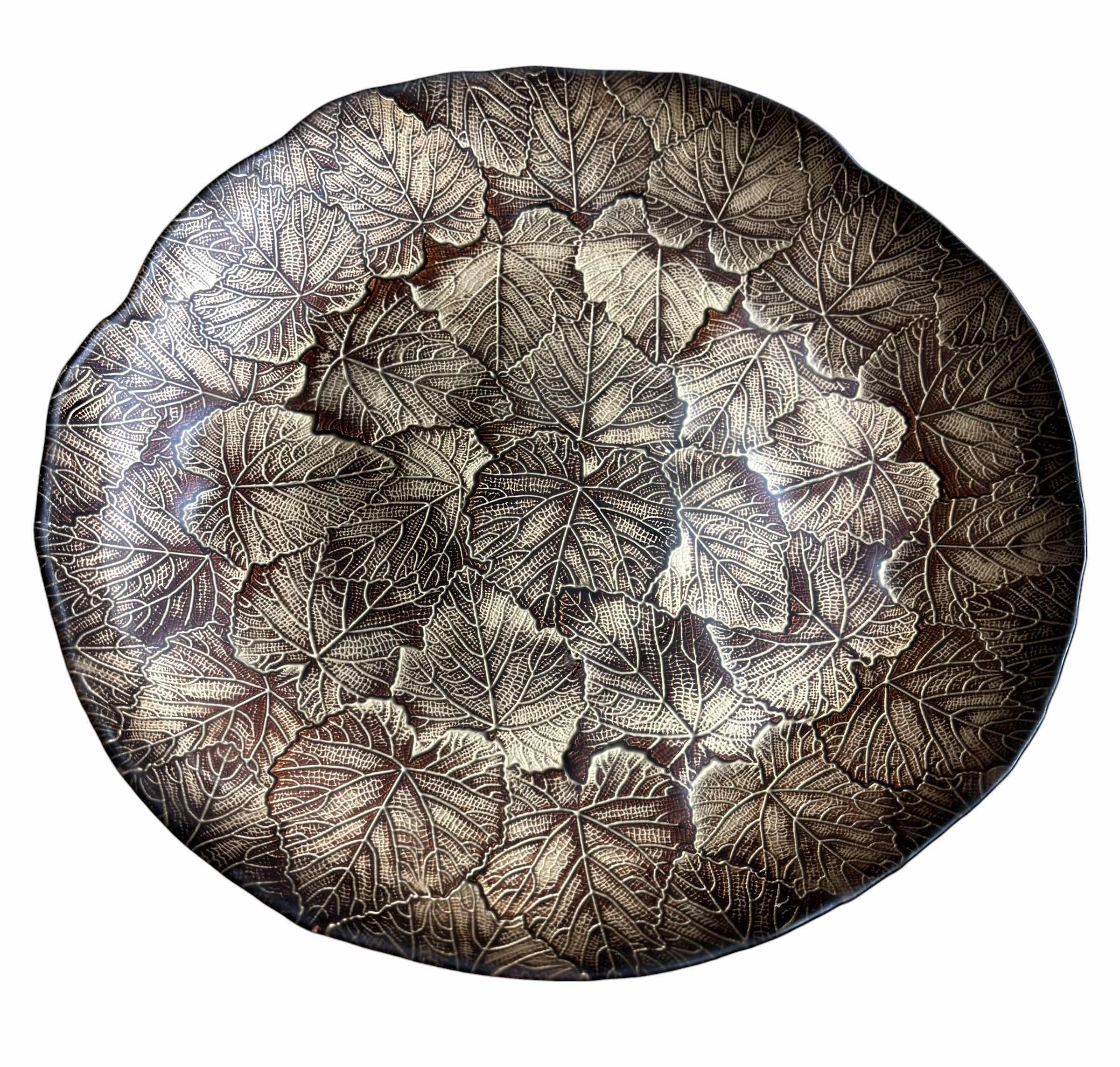 Photo 1 of VILLA ITALIA DECORATIVE DISH WITH LEAF PATTERN 14.5”D & DECORATIVE GLASS BOWL 15.5”D