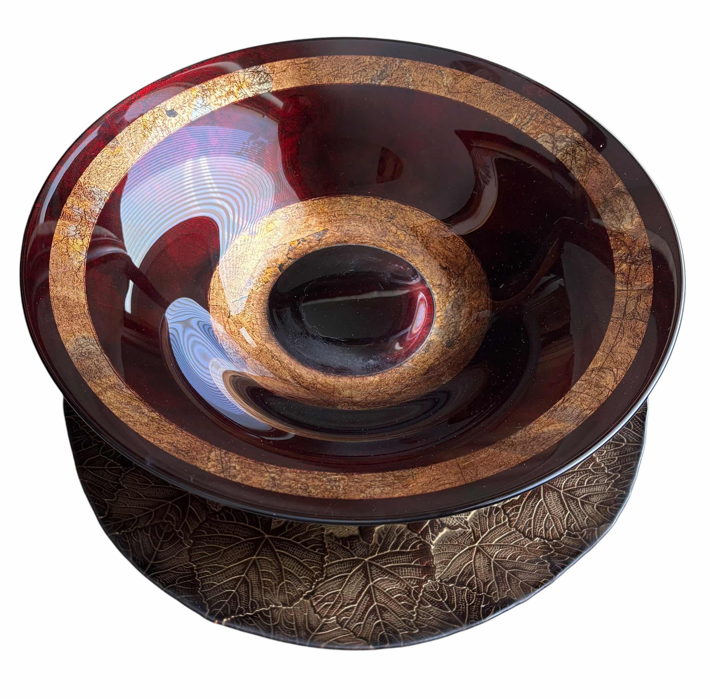 Photo 1 of VILLA ITALIA DECORATIVE DISH WITH LEAF PATTERN 14.5”D & DECORATIVE GLASS BOWL 15.5”D