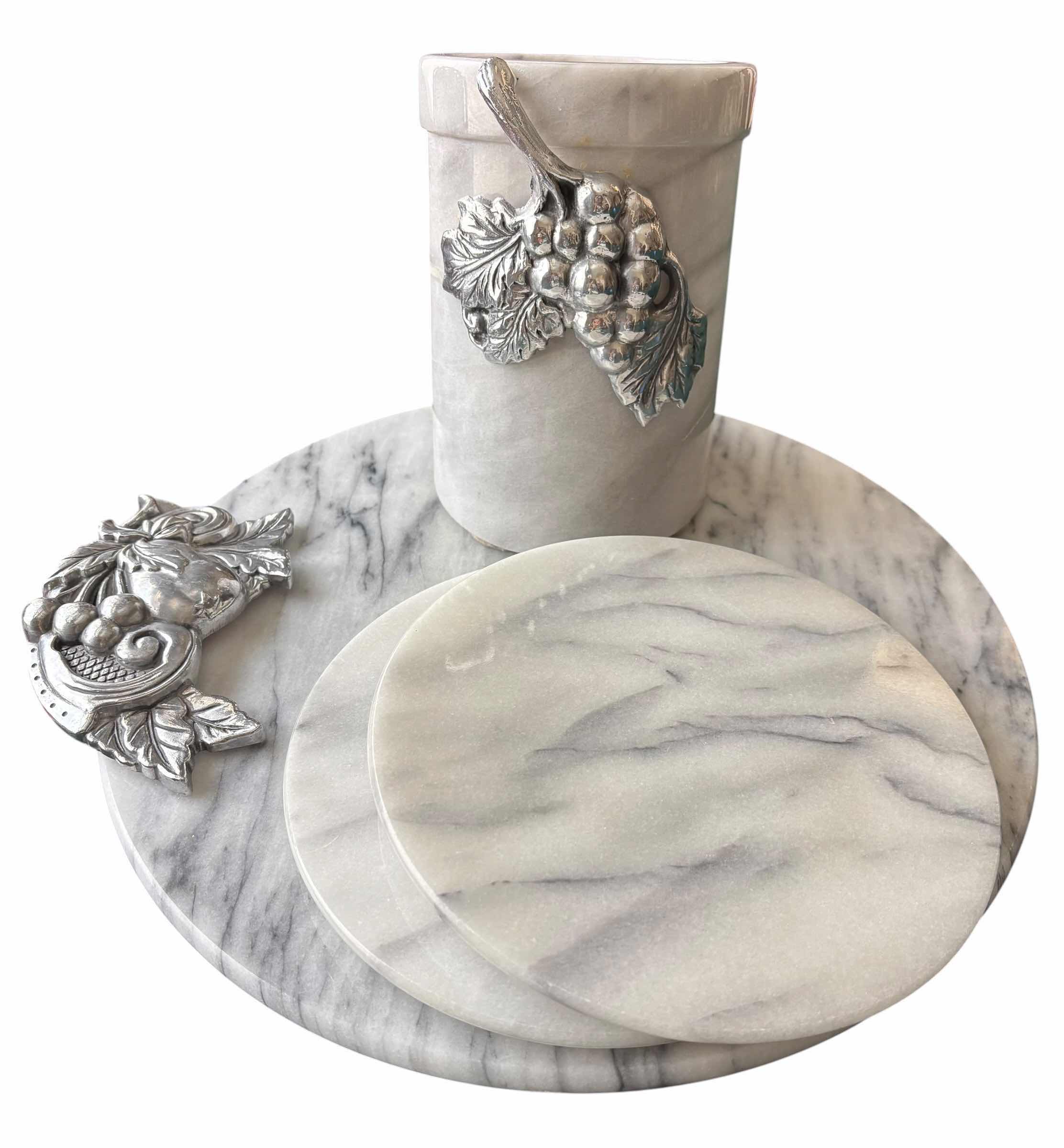 Photo 1 of MARBLE SERVING BOARD 14”D (SEE NOTES), MARBLE WINE BOTTLE CHILLER H7” & MATCHING SMALL SERVING BOARDS (2) 8”D