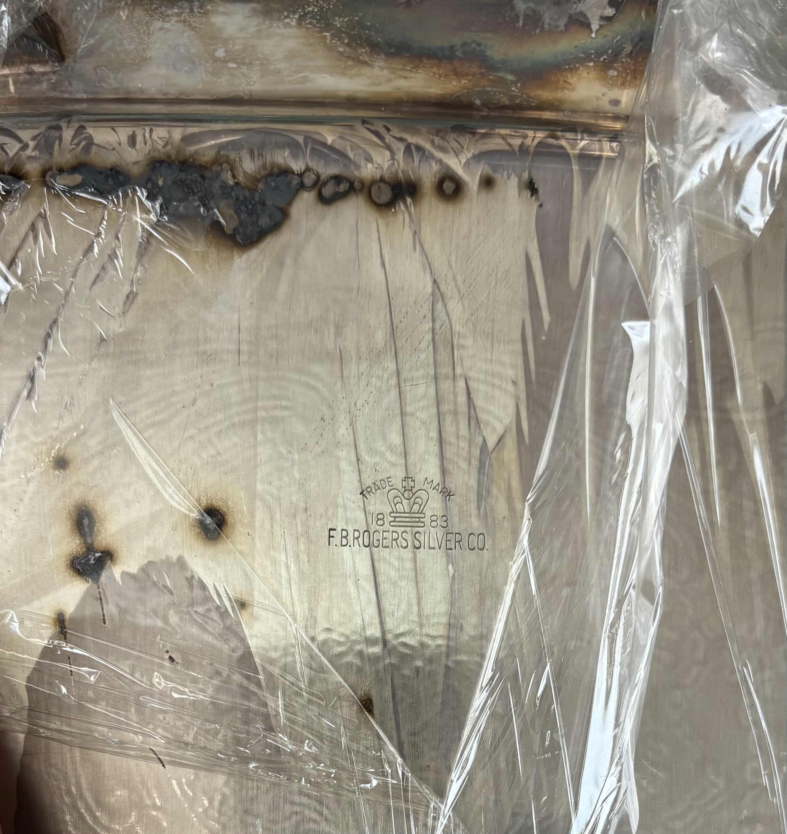 Photo 1 of FB ROGERS SILVER CO (RECTANGULAR, FOOTED), INTERNATIONAL SILVER CO, & GODINGER (WITH GREEN MARBLE, REMOVABLE CENTER PIECE) SILVER PLATED SERVING TRAYS (3) (LARGEST 21.5”L) & CANDLE SNUFFER