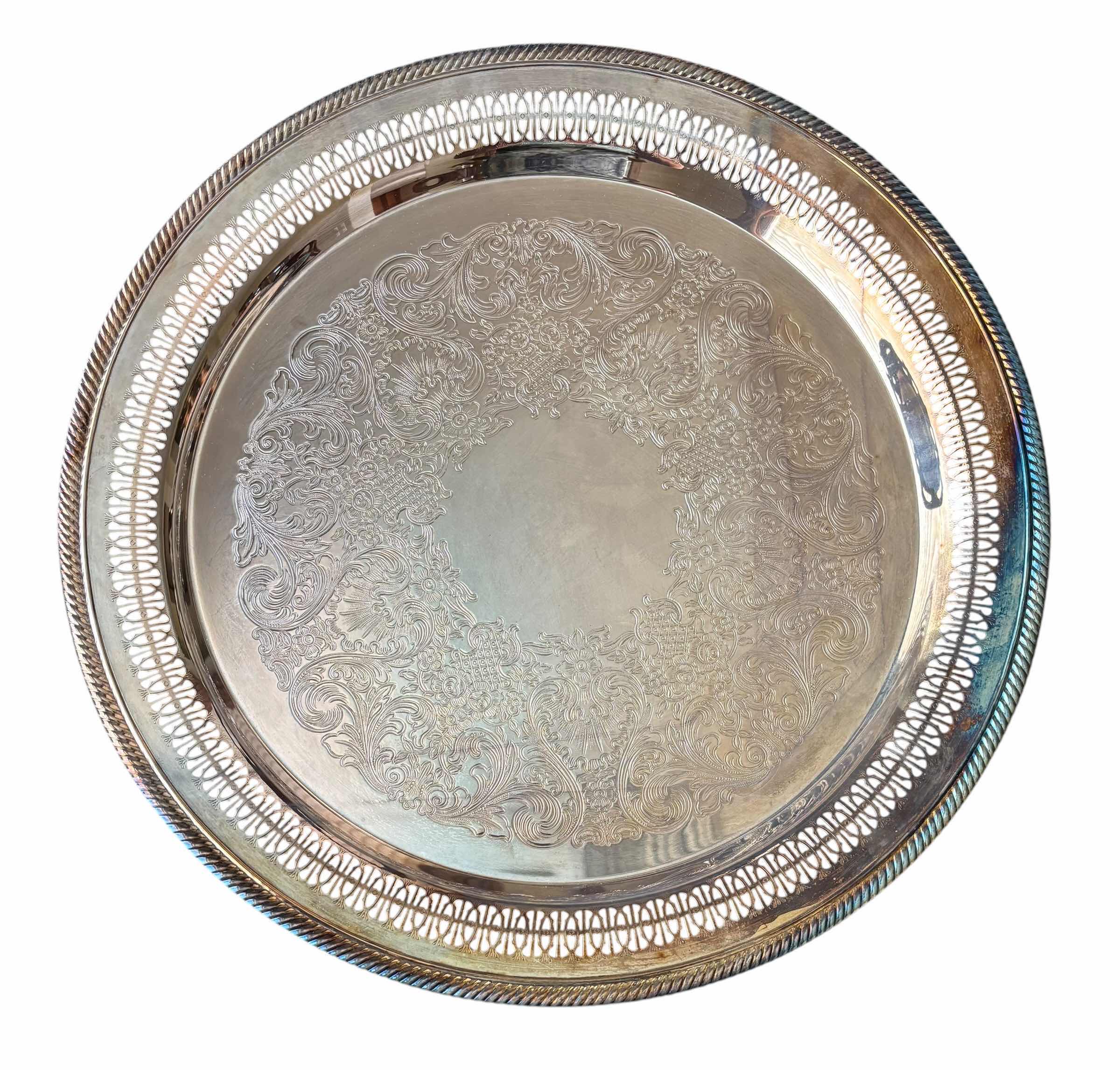 Photo 1 of FB ROGERS SILVER CO (RECTANGULAR, FOOTED), INTERNATIONAL SILVER CO, & GODINGER (WITH GREEN MARBLE, REMOVABLE CENTER PIECE) SILVER PLATED SERVING TRAYS (3) (LARGEST 21.5”L) & CANDLE SNUFFER