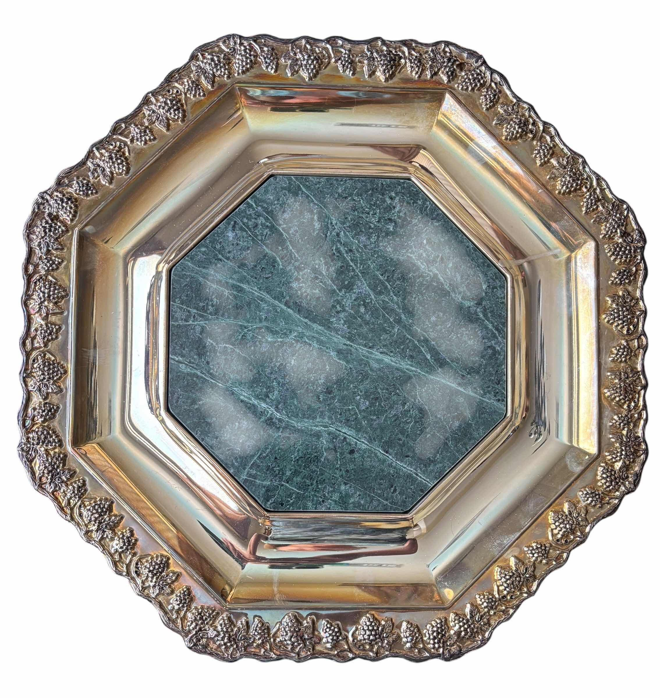 Photo 1 of FB ROGERS SILVER CO (RECTANGULAR, FOOTED), INTERNATIONAL SILVER CO, & GODINGER (WITH GREEN MARBLE, REMOVABLE CENTER PIECE) SILVER PLATED SERVING TRAYS (3) (LARGEST 21.5”L) & CANDLE SNUFFER