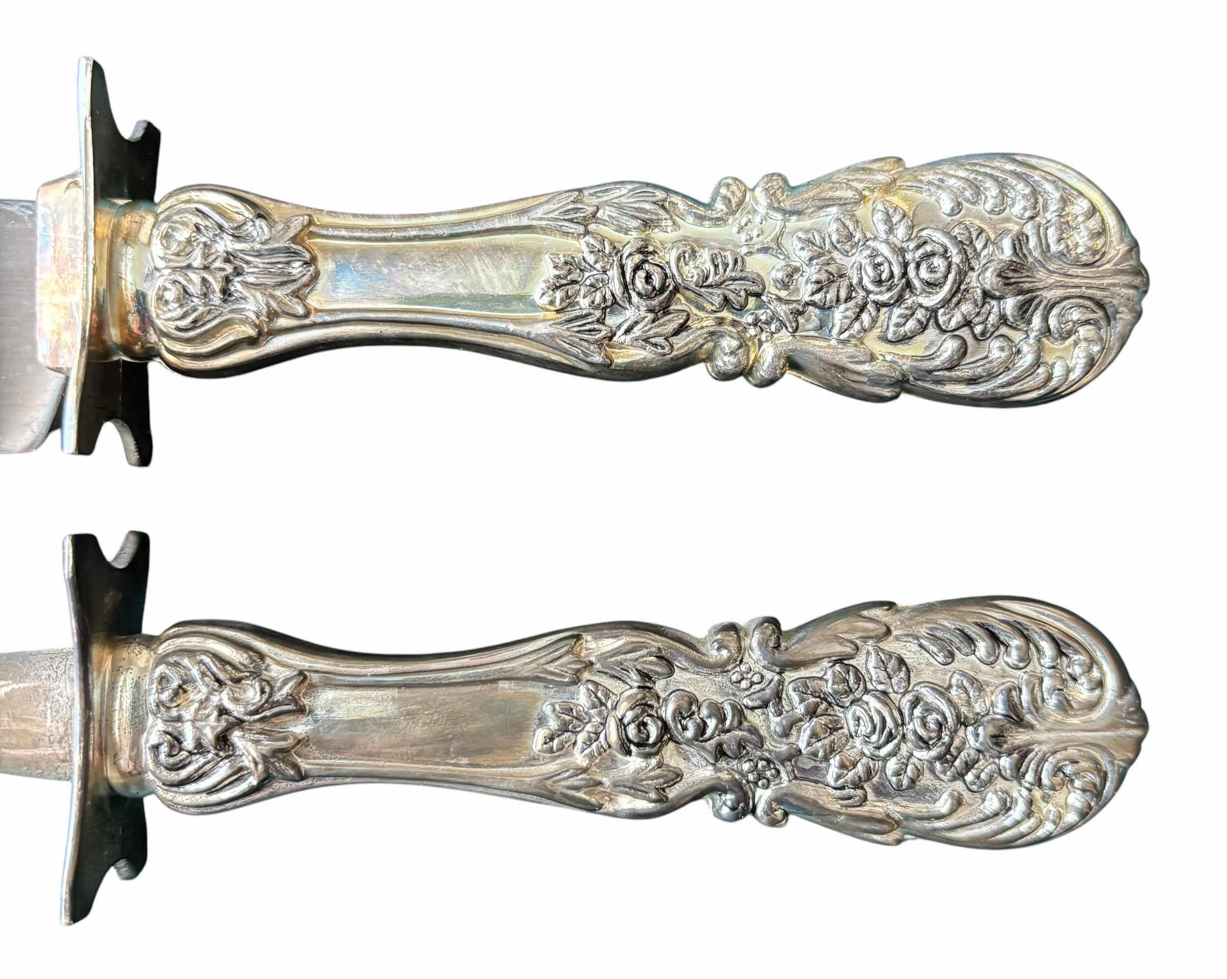Photo 1 of FB ROGERS CARVING SET WITH ROSE PATTERN HANDLES: STAINLESS STEEL STEAK CARVING KNIFE & TWO-PRONG FORK