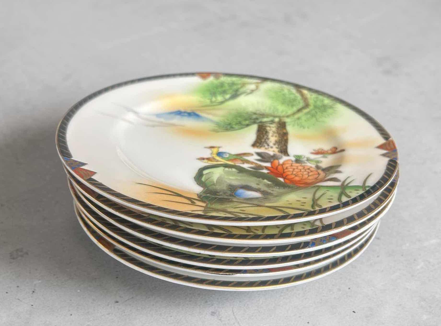 Photo 1 of 6- VINTAGE JAPANESE PORCELAIN TEA PLATES W HAND-PAINTED LANDSCAPE SCENE W GOLD TRIM ACCENT