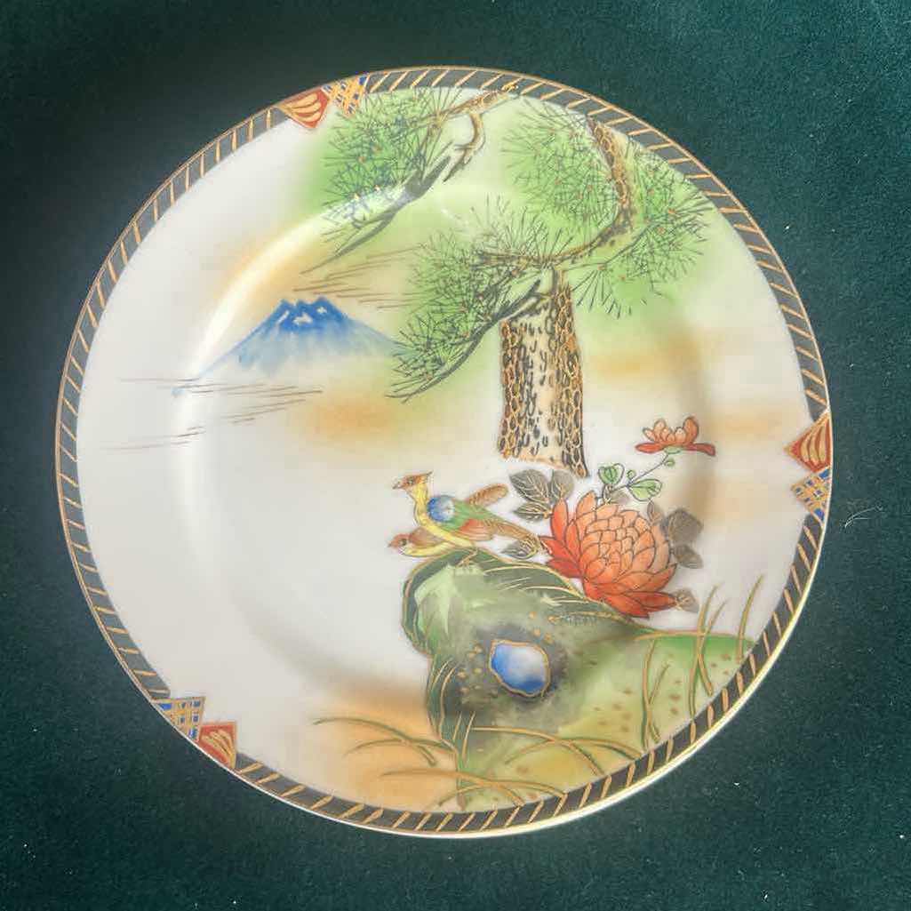 Photo 1 of 6- VINTAGE JAPANESE PORCELAIN TEA PLATES W HAND-PAINTED LANDSCAPE SCENE W GOLD TRIM ACCENT