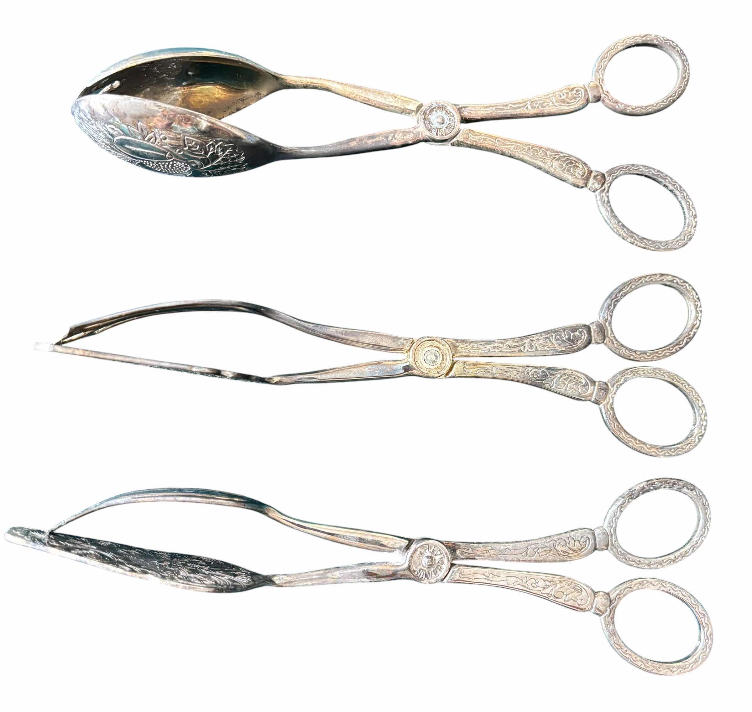 Photo 1 of VINTAGE ITALIAN MADE SILVER PLATED SERVING TONGS (3)