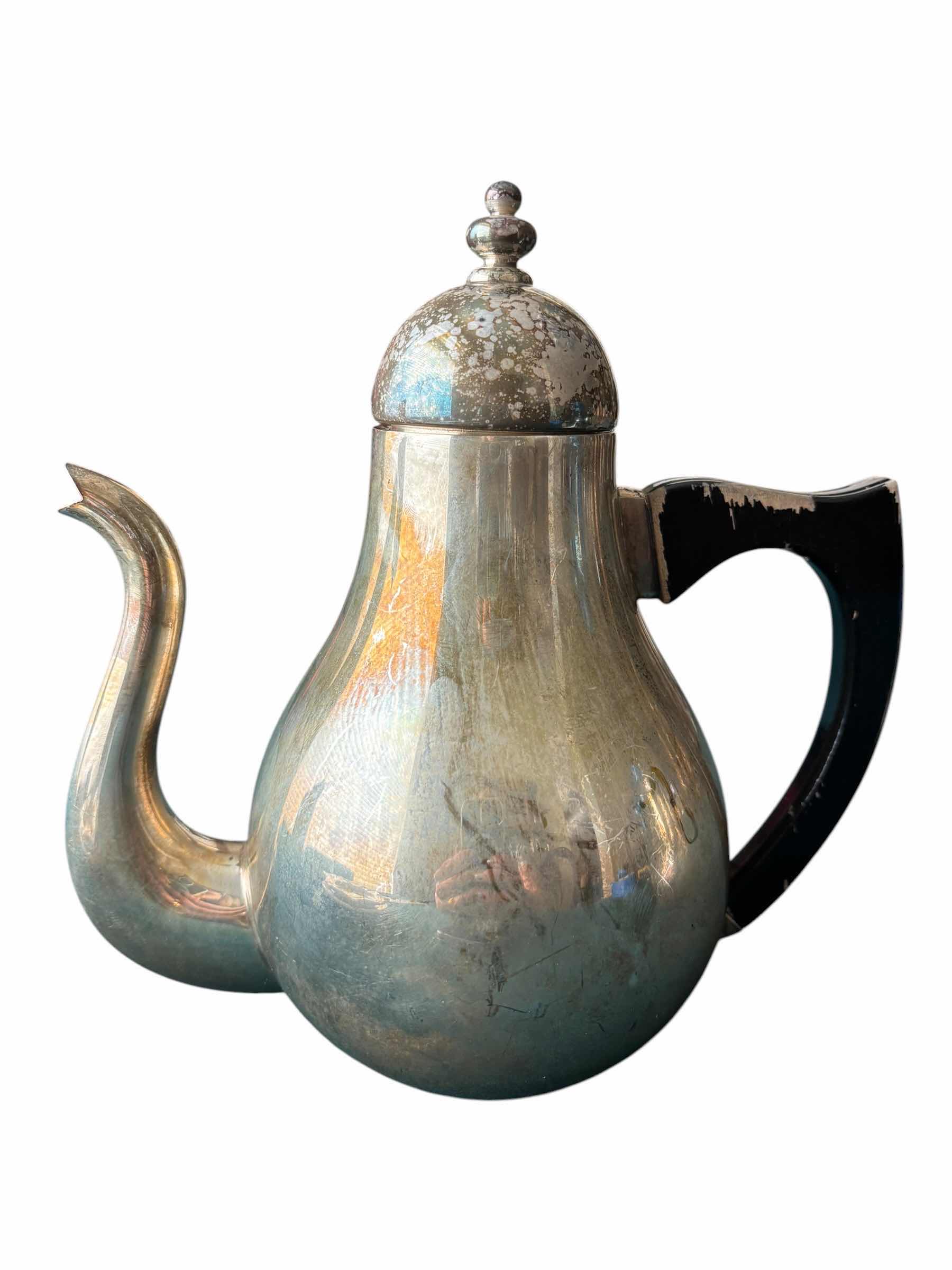 Photo 1 of ANTIQUE SILVER PLATED TEA & COFFEE POTS (2) WITH WOOD HANDLES (1 IS BROKEN), LIKELY SCANDINAVIAN FROM THE 1930S-1960S (TALLEST H8”)