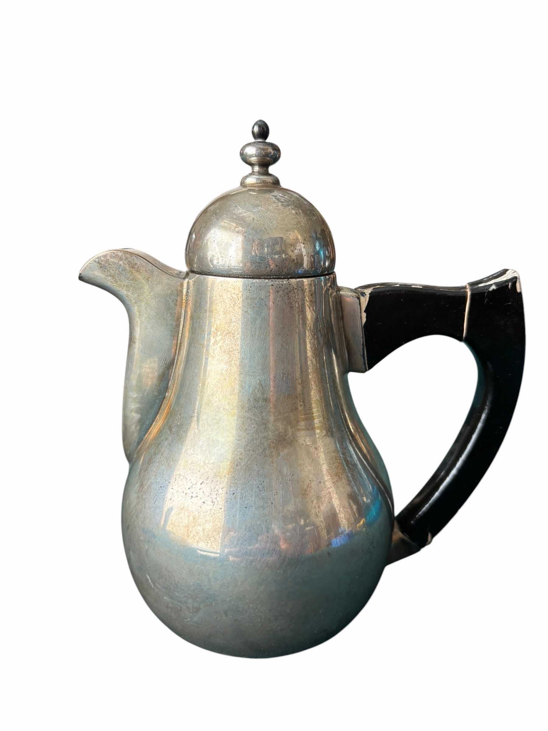 Photo 1 of ANTIQUE SILVER PLATED TEA & COFFEE POTS (2) WITH WOOD HANDLES (1 IS BROKEN), LIKELY SCANDINAVIAN FROM THE 1930S-1960S (TALLEST H8”)
