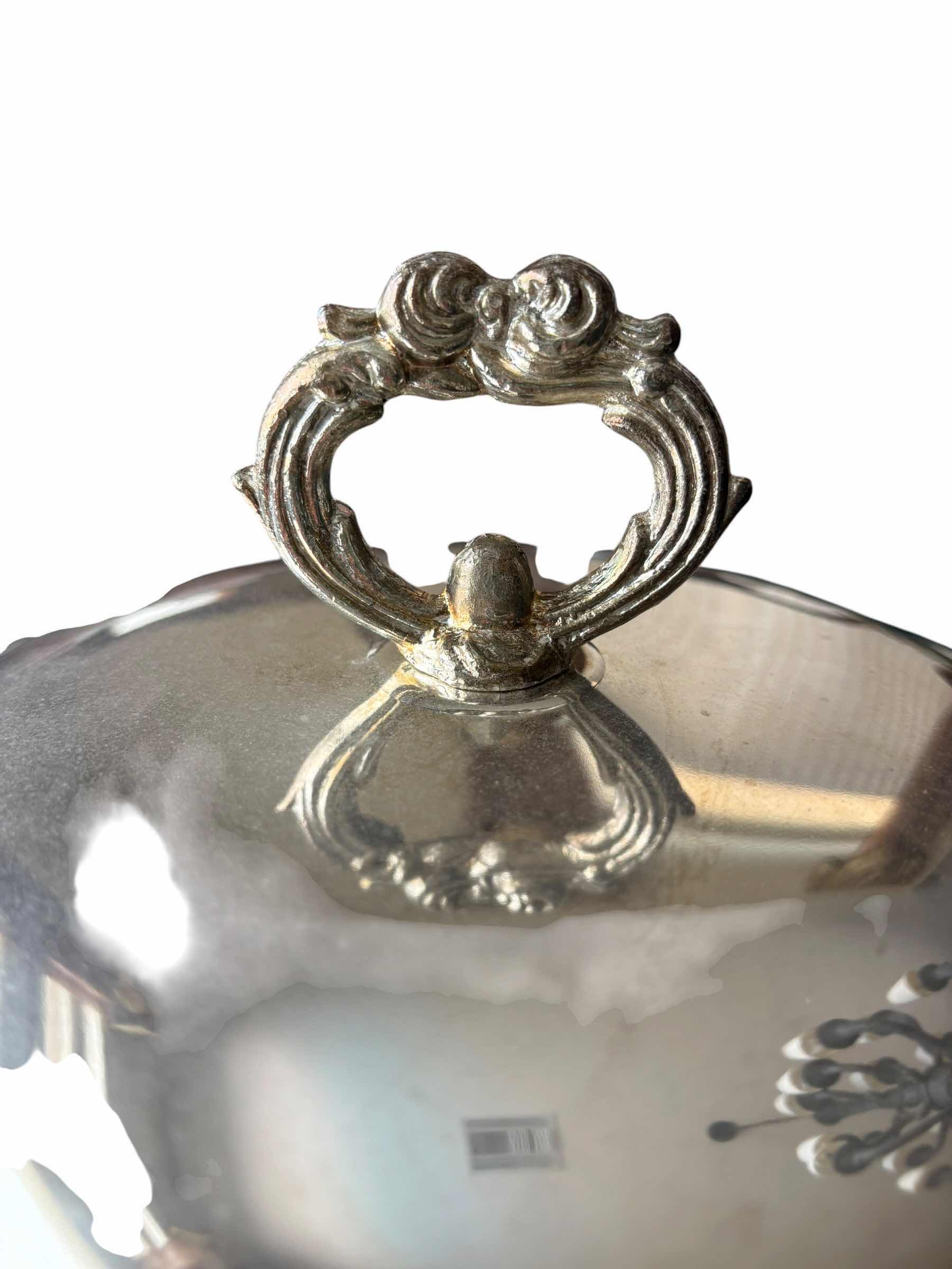 Photo 1 of VINTAGE SILVER PLATED CHAFING DISH WITH WOOD HANDLE 20”L, INSIDE 9”D