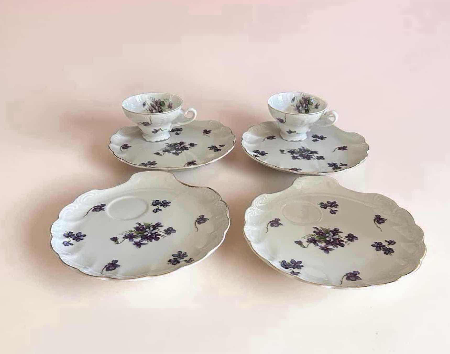 Photo 1 of 4- VINTAGE CERAMIC SHELL PLATES W DELICATE VIOLET FLORAL PATTERN W ONLY 2 TEACUPS
