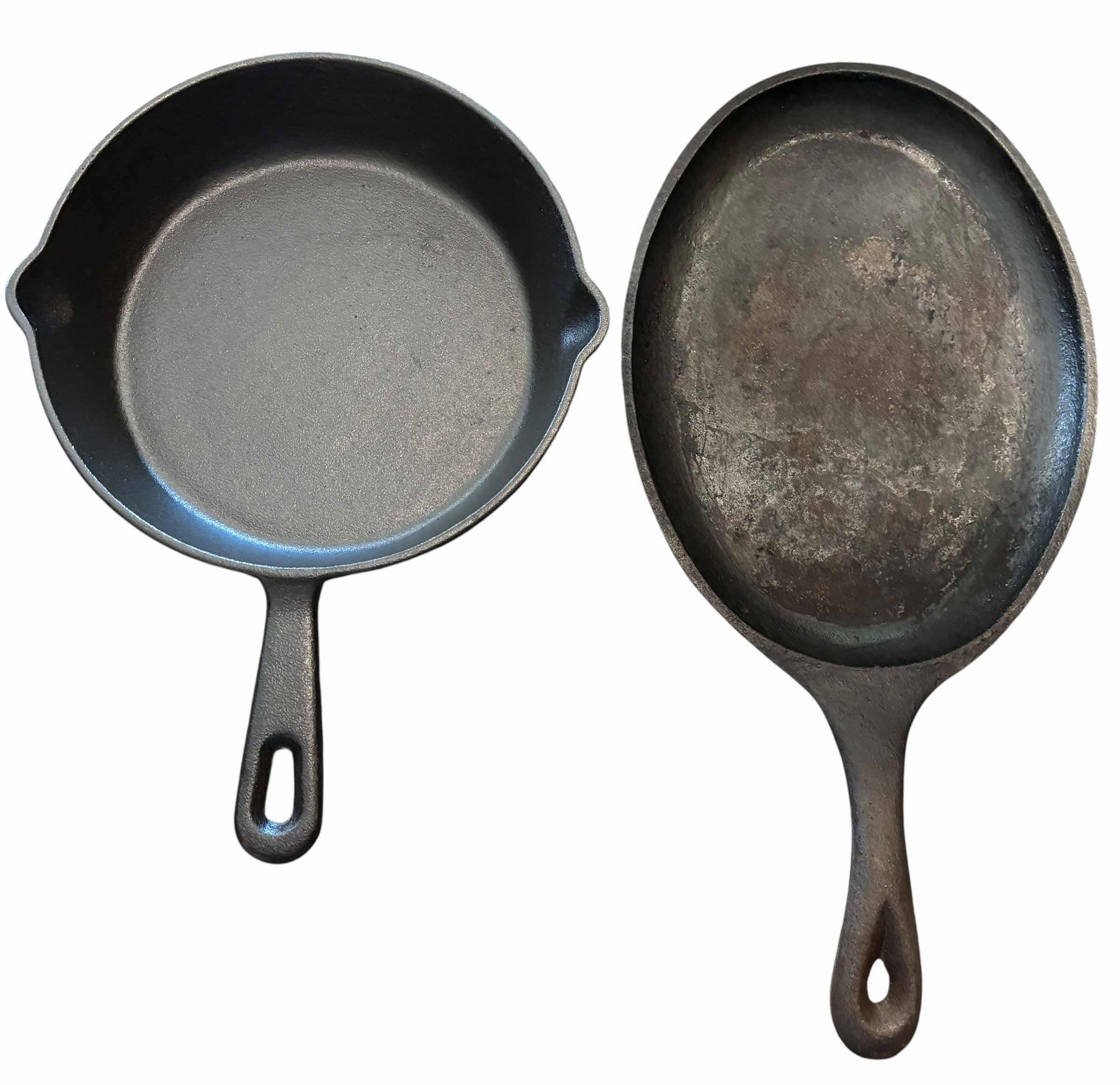 Photo 1 of CAST IRON SKILLETS (4), SMALLEST 6.5”D & LARGEST 7” X 9.5”