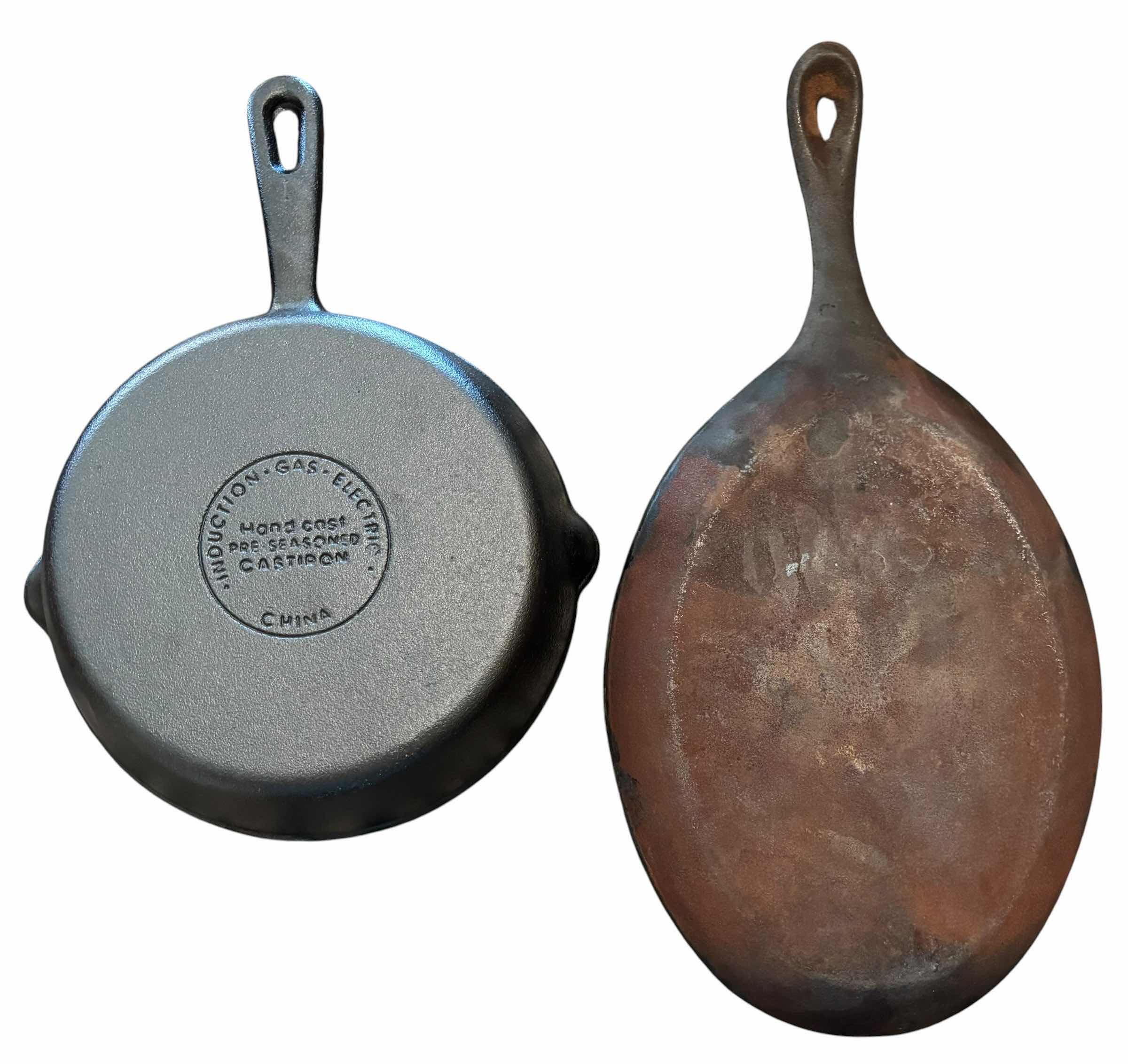 Photo 1 of CAST IRON SKILLETS (4), SMALLEST 6.5”D & LARGEST 7” X 9.5”