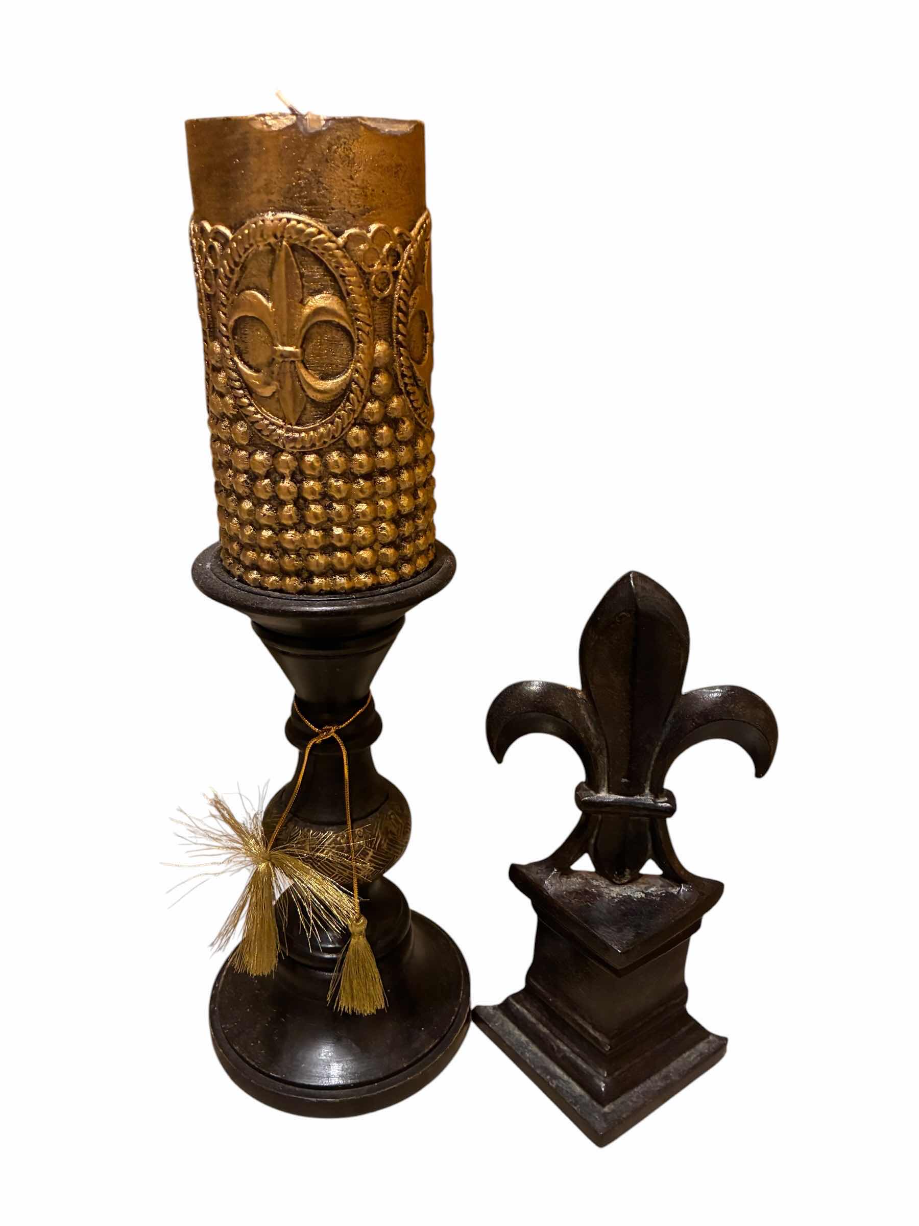 Photo 1 of FLEUR DE LIS CANDLE W PEDESTAL H15” & CAST-IRON DECOR H9”