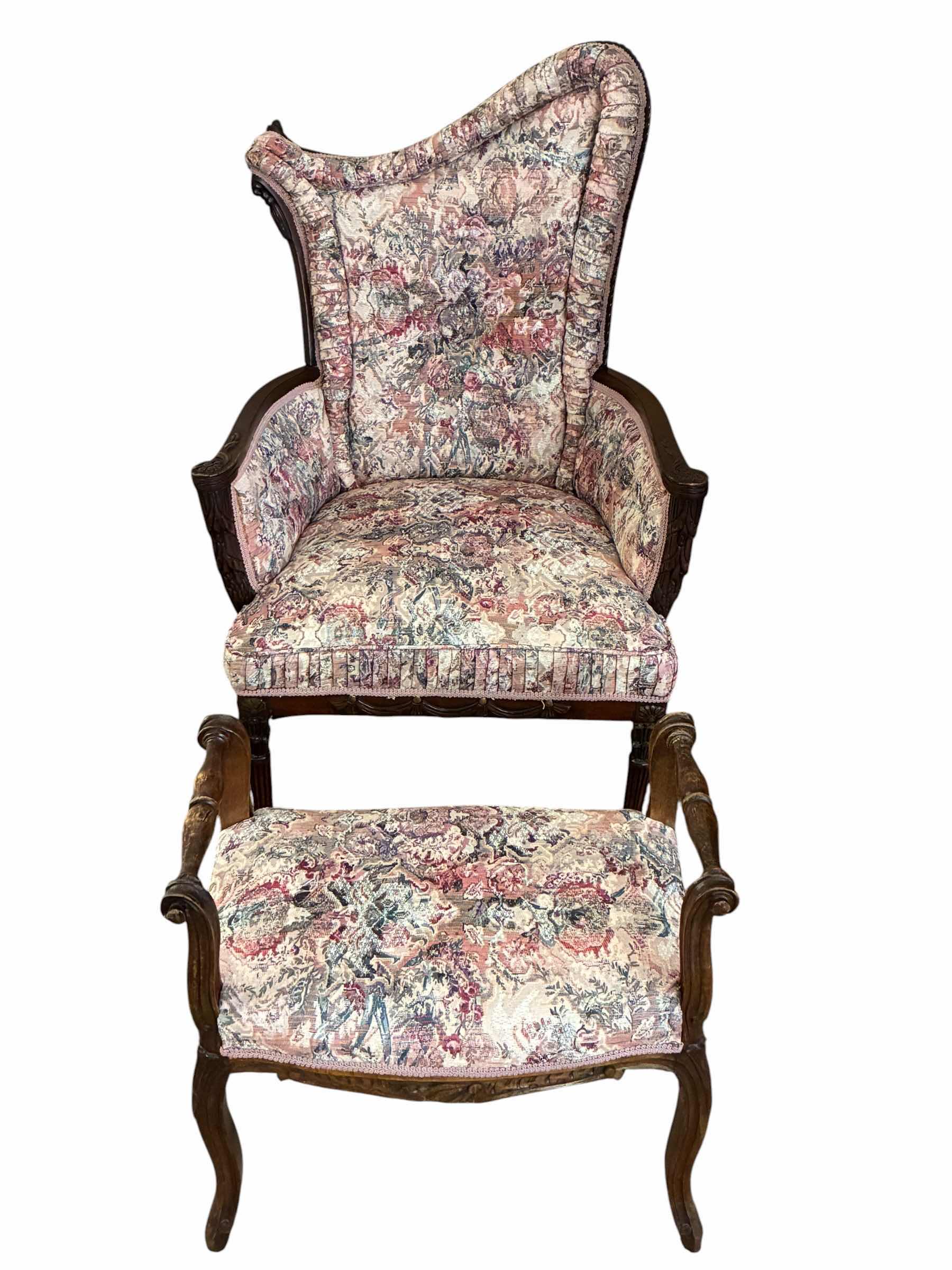 Photo 1 of MID-CENTURY CURVED WINGBACK FLORAL UPHOLSTERED CHAIR W OTTOMAN $890