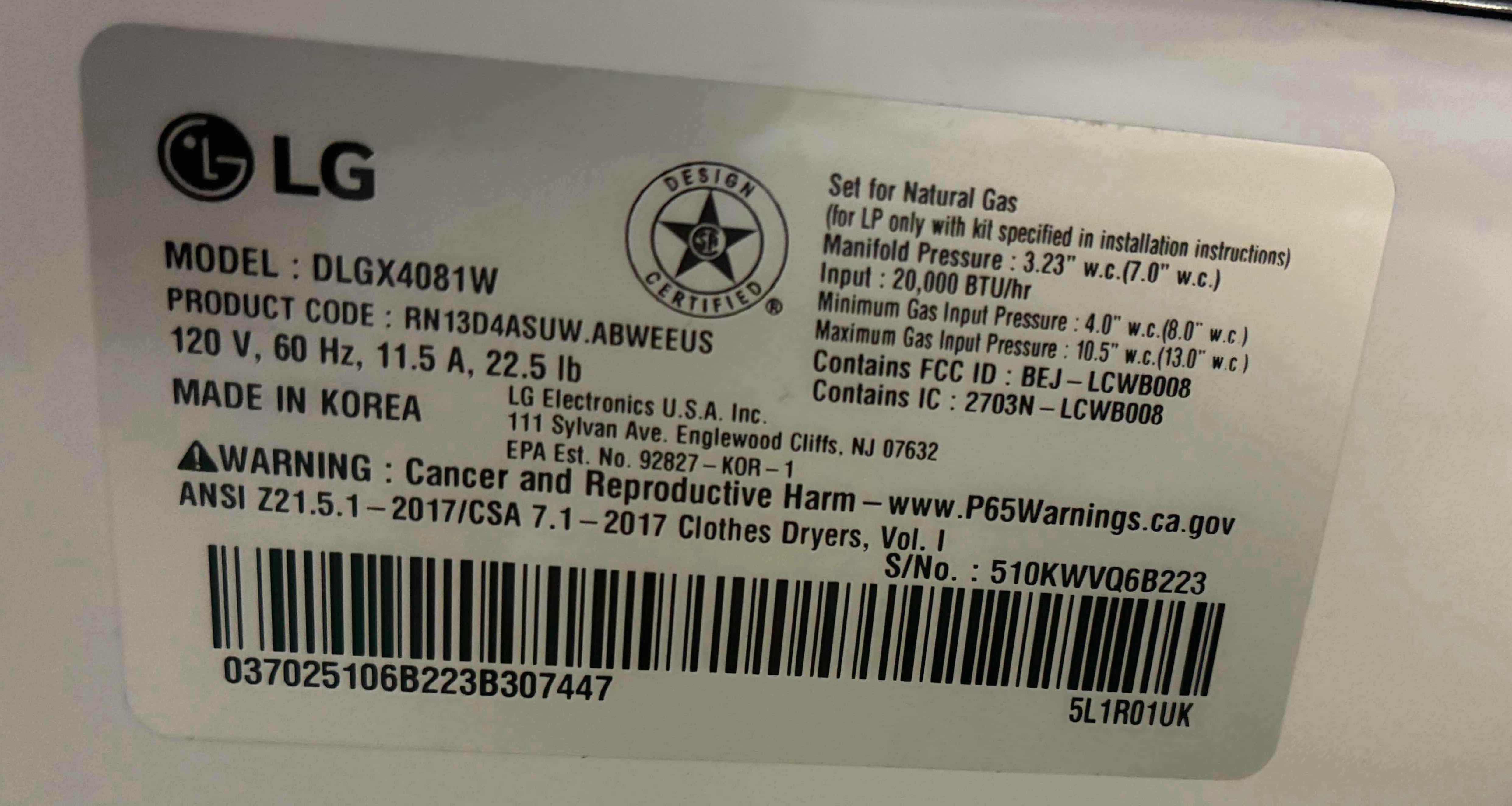 Photo 1 of LG THIN Q FRONT-LOAD GAS DRYER DLGX4081W