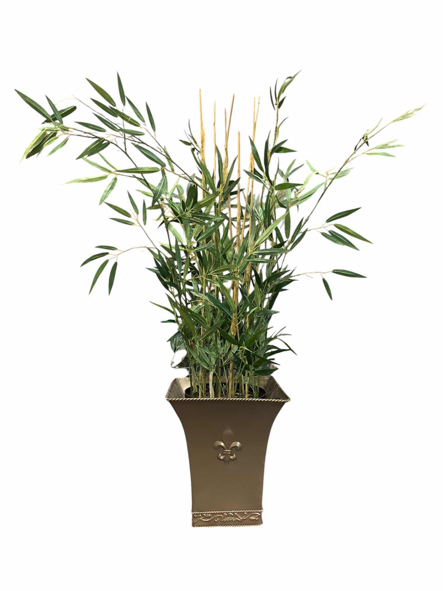 Photo 1 of DECORATIVEBAMBOO PLANT W FLEUR DE LIS METAL PLANTER