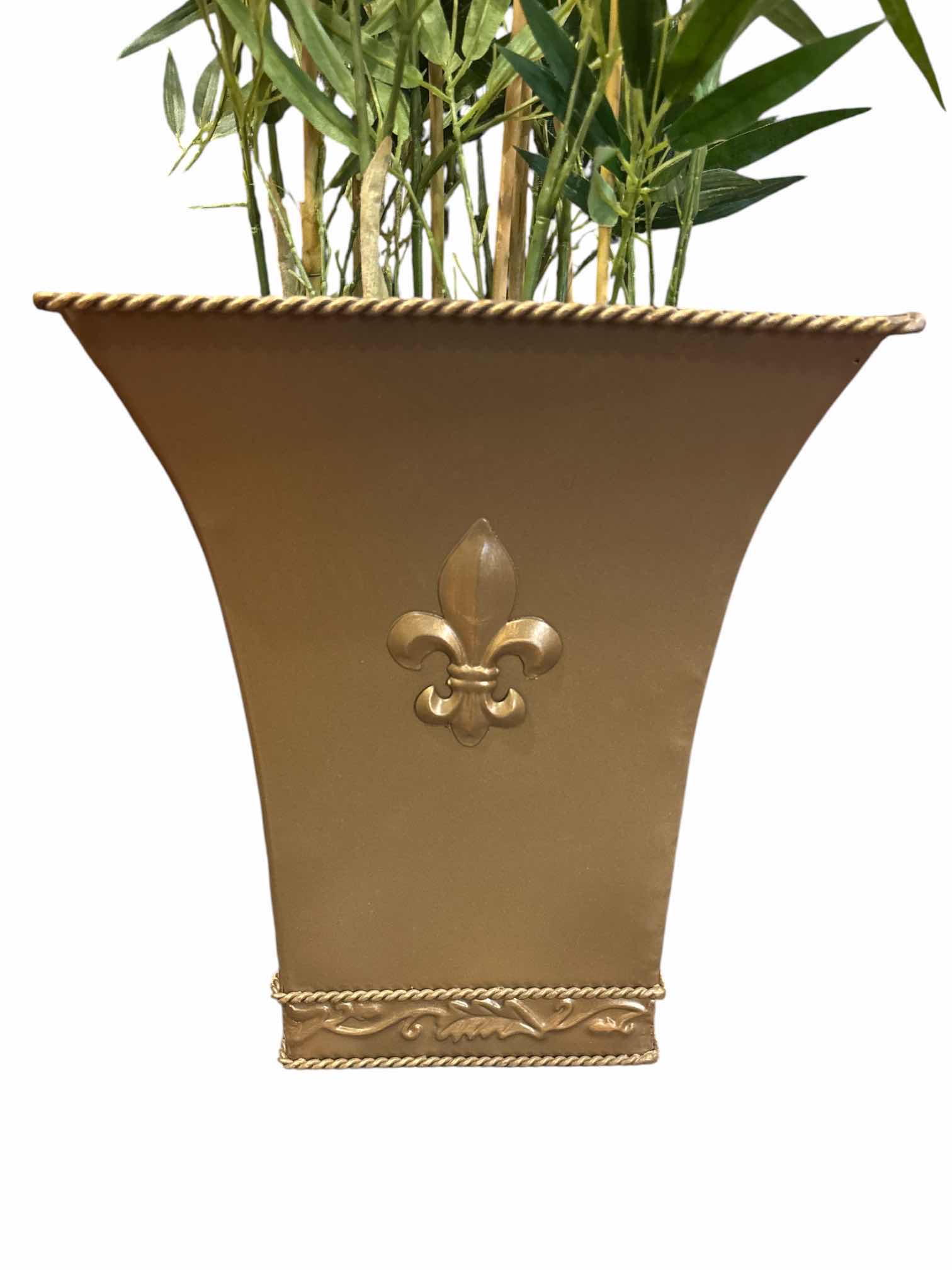 Photo 1 of DECORATIVEBAMBOO PLANT W FLEUR DE LIS METAL PLANTER
