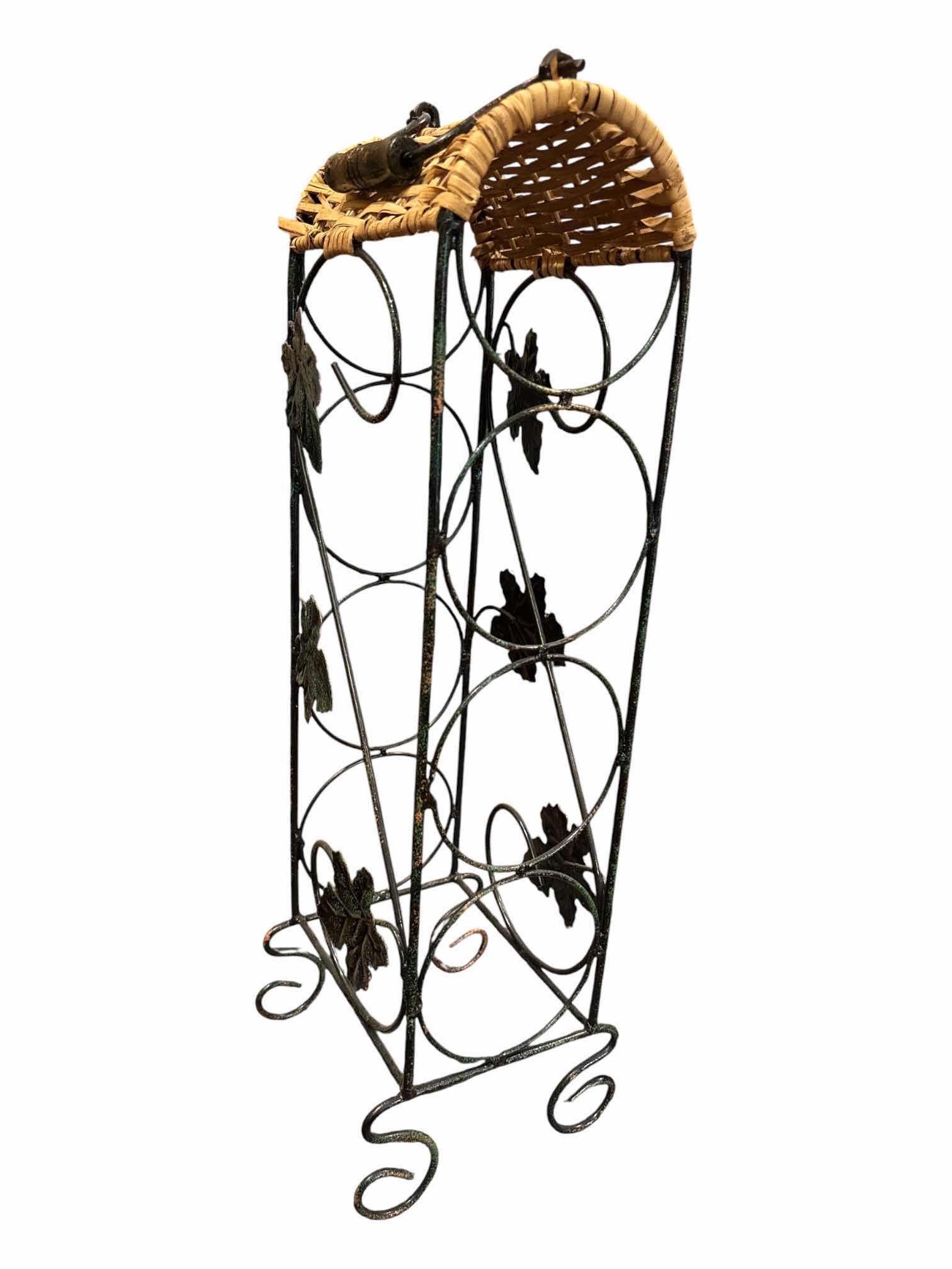 Photo 1 of VINTAGE COUNTERTOP METAL LEAF DESIGN WINE RACK W WICKER TOP, HOLDS 4 WINE BOTTLES  H20.25” $70