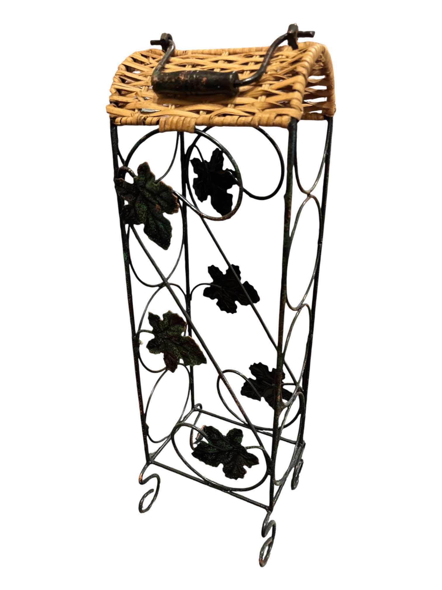 Photo 1 of VINTAGE COUNTERTOP METAL LEAF DESIGN WINE RACK W WICKER TOP, HOLDS 4 WINE BOTTLES  H20.25” $70