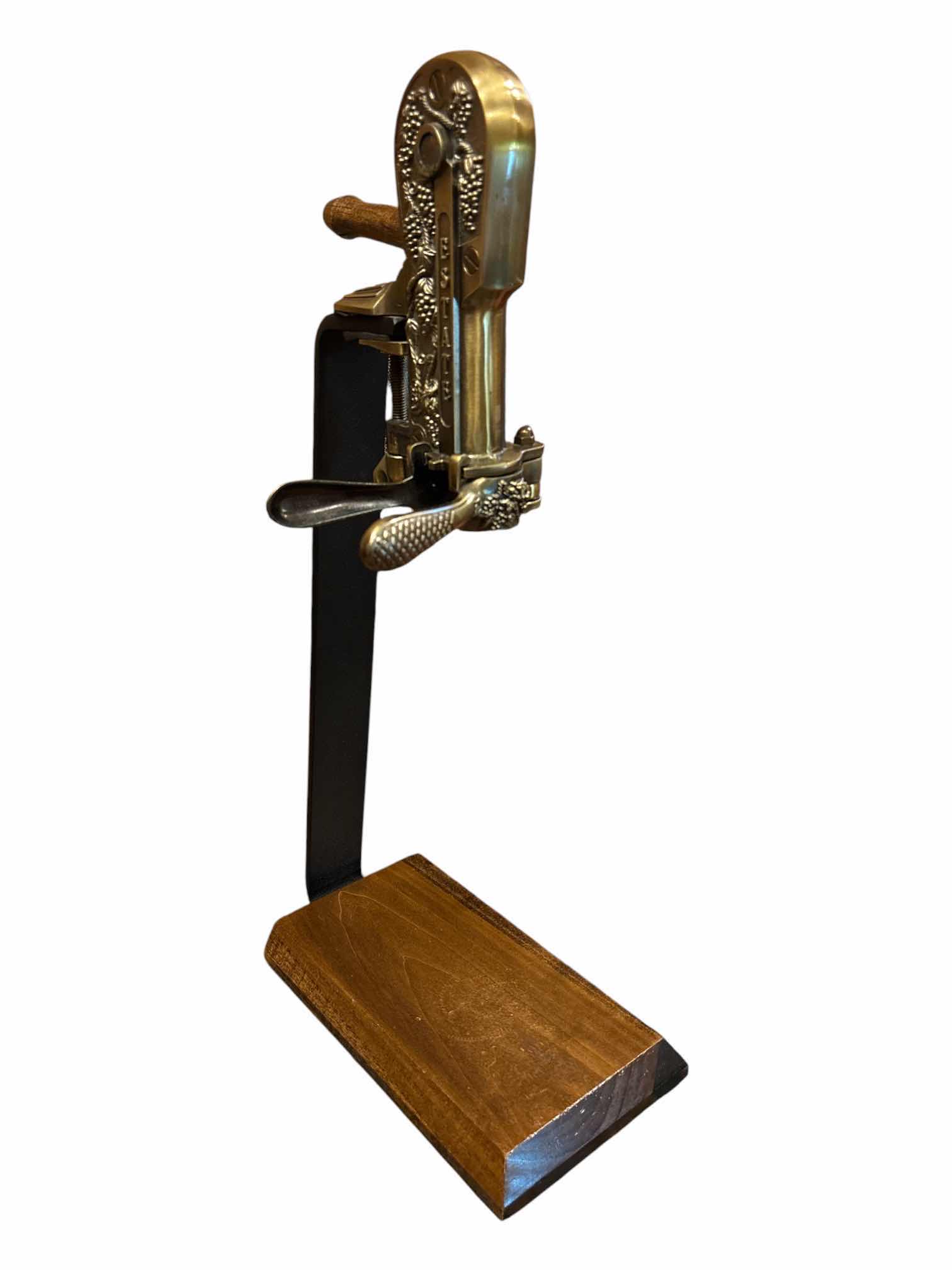 Photo 1 of VINTAGE ROGAR ESTATE BRASS TABLE TOP WINE BOTTLE OPENER W WOOD STAND 14” X 6.75” H23.75”