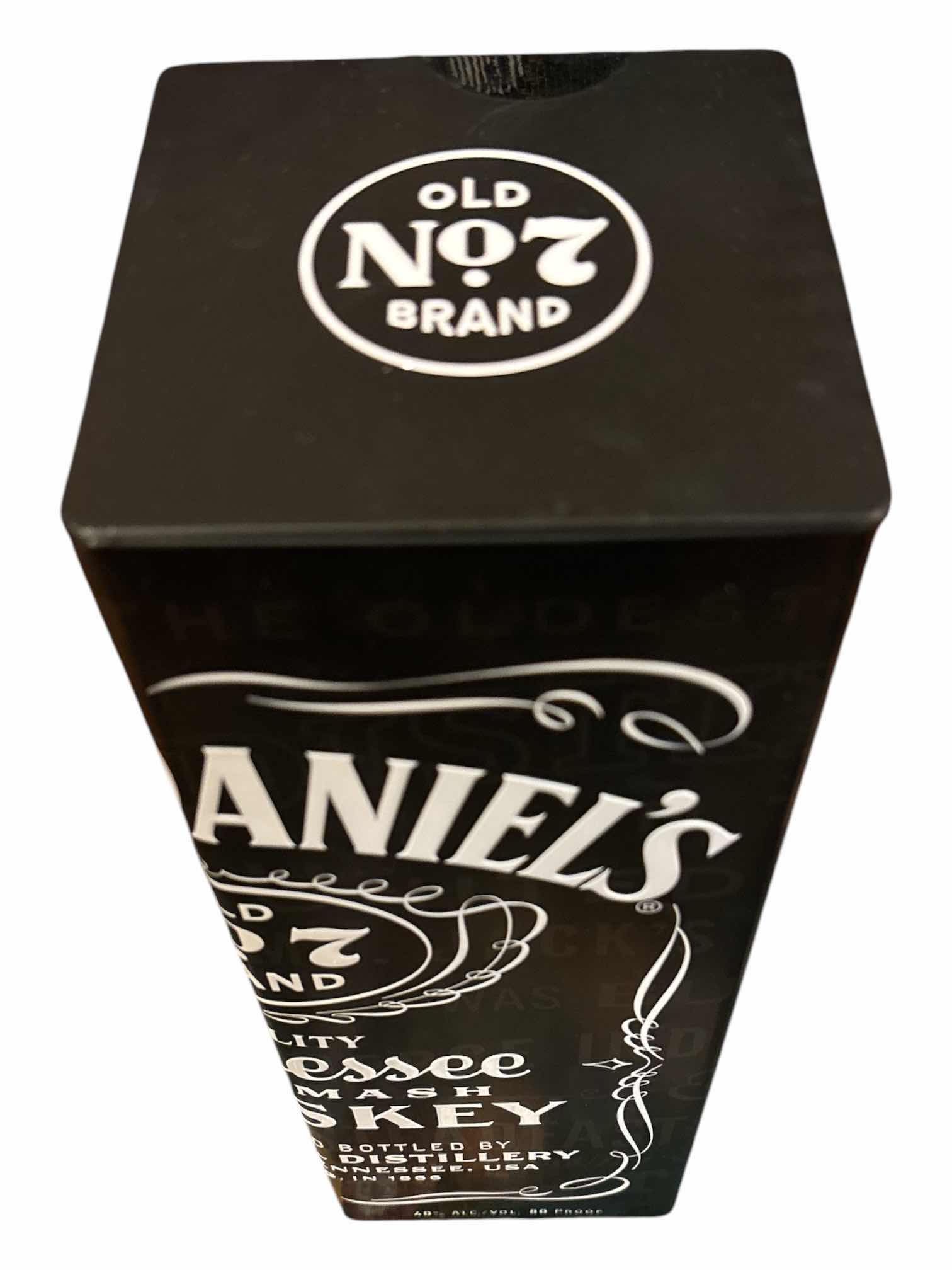 Photo 1 of JACK DANIELS COLLECTIBLE 1.75L OLD NO 7 WHISKEY BOTTLE TIN BOXES (2) & JACK DANIELS GOLD/BLACK SHOT GLASSES (2)