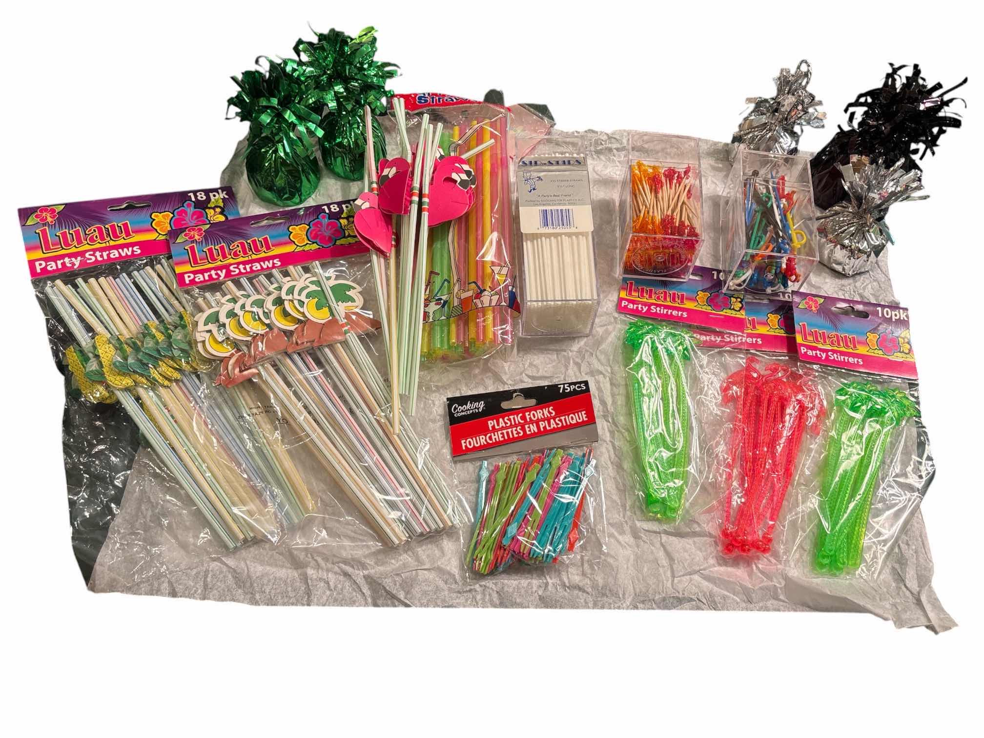 Photo 1 of ASSORTED PARTY SUPPLIES, STRAWS/STIRRERS/PICKS/BALOON WEIGHTS