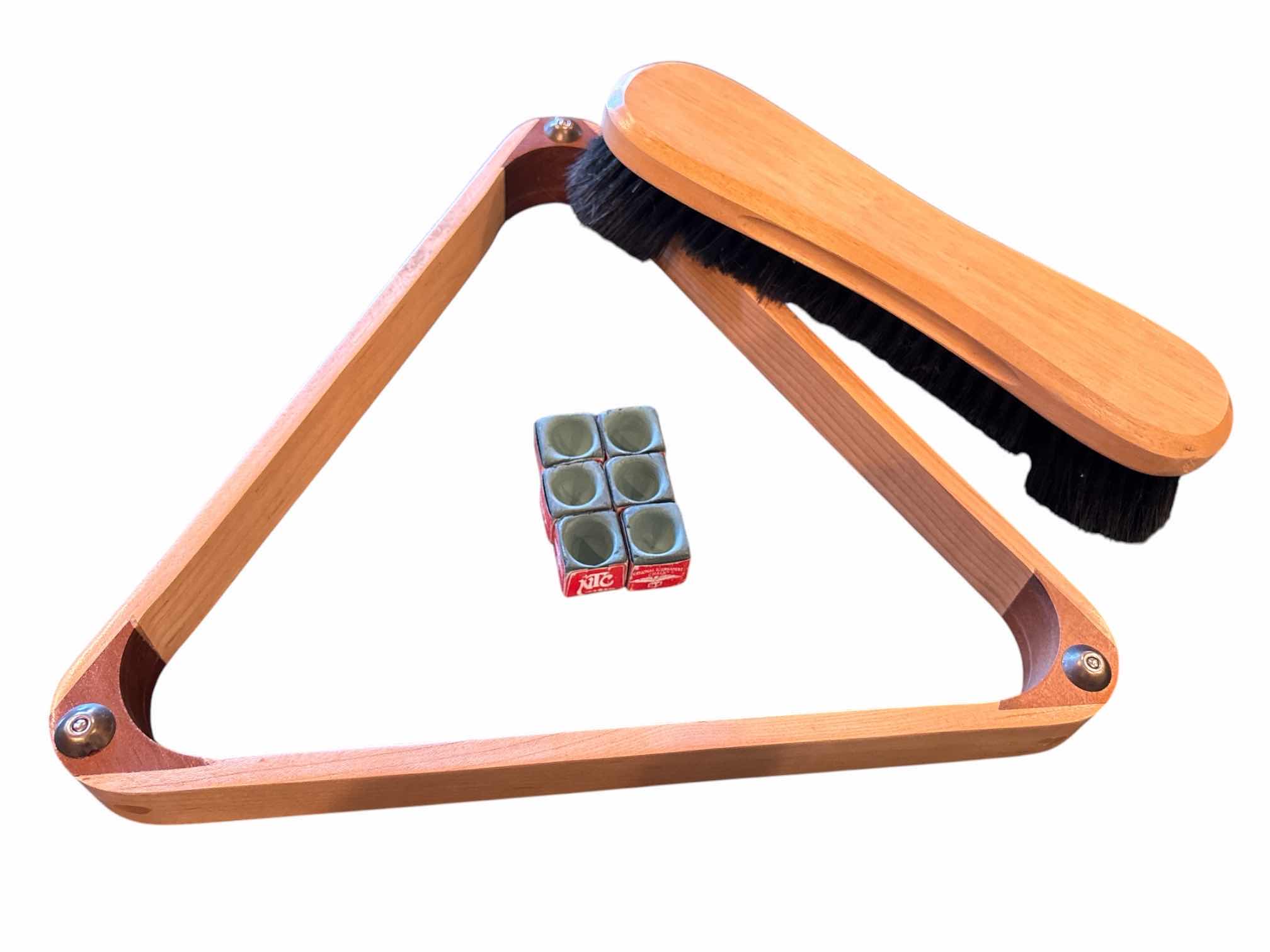 Photo 1 of POOL CUES (5), BRIDGE, RACK, TABLE BRUSH, CHALK, CUE TIP REPLACEMENT KIT & RULE BOOK