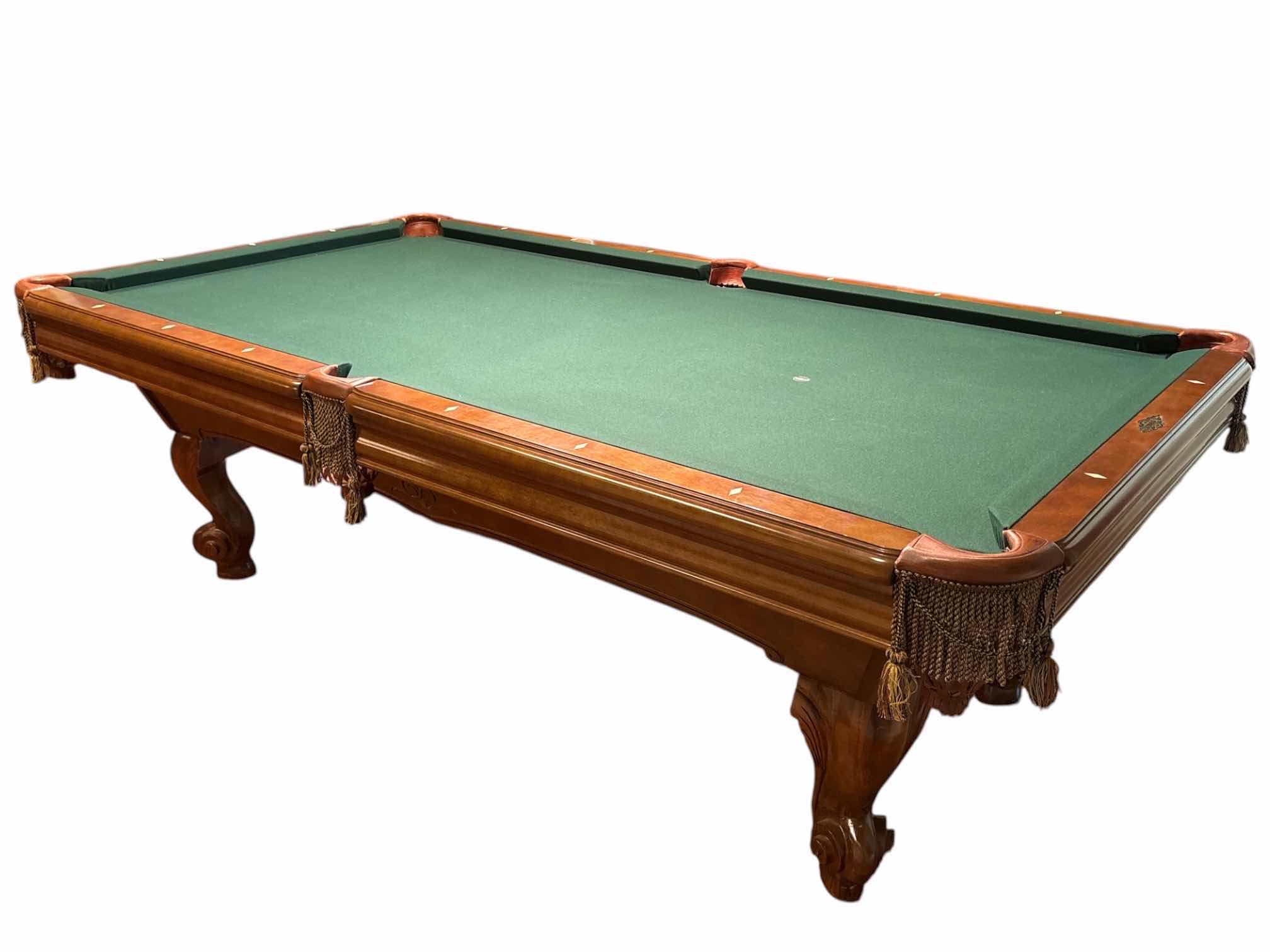 Photo 1 of 8’ BRUNSWICK CAMDEN II TRADITIONAL POOL TABLE, INCLUDES GREEN FRINGED POOL TABLE COVER