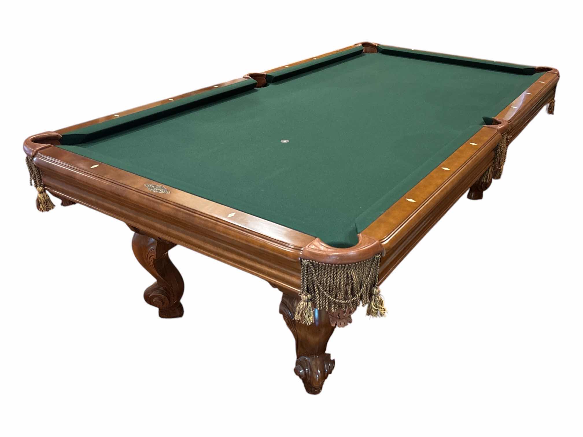 Photo 1 of 8’ BRUNSWICK CAMDEN II TRADITIONAL POOL TABLE, INCLUDES GREEN FRINGED POOL TABLE COVER