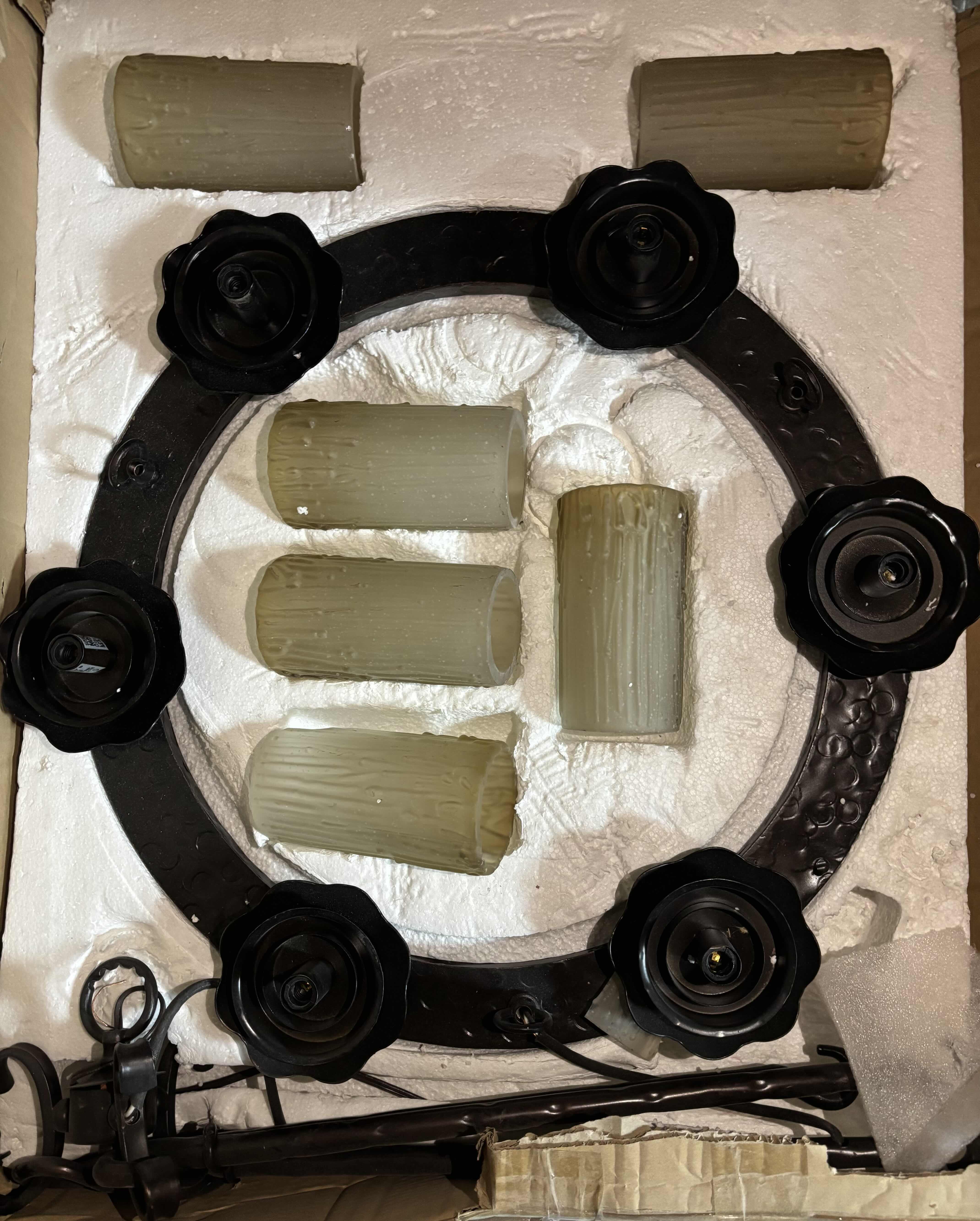 Photo 1 of VINTAGE 6-LIGHT BLACK METAL GOTHIC CHANDELIER IN ORIGINAL BOX